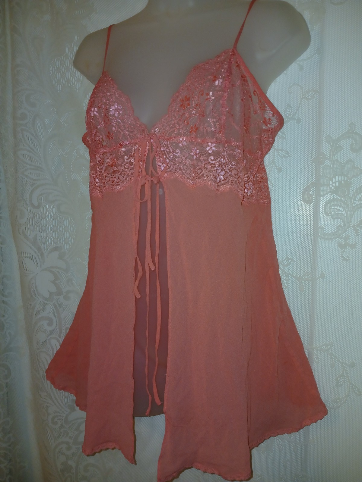 Vintage 90s Victorias Secret SILK Pink Chiffon Sheer Lace Babydoll Nighty L