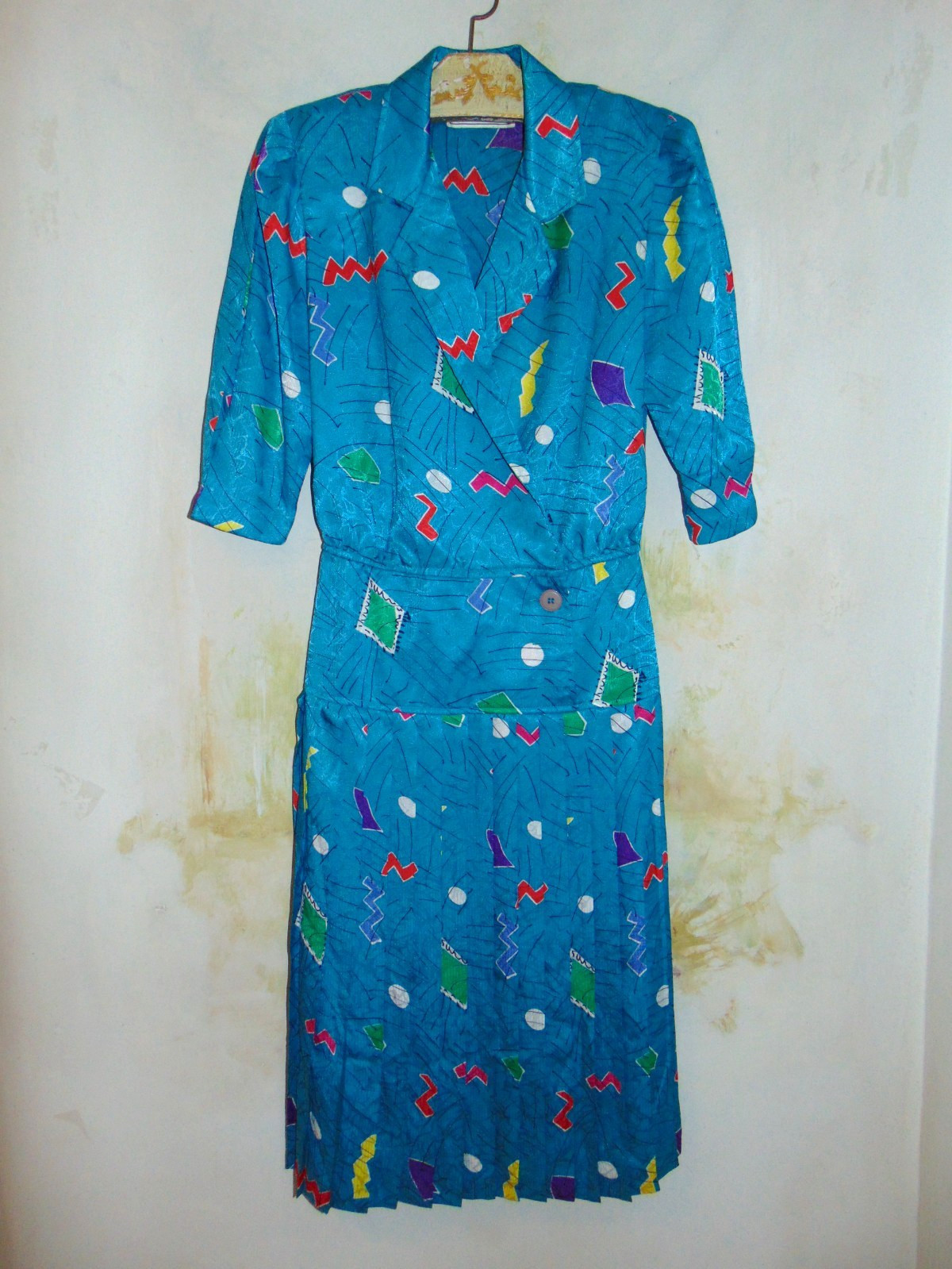 Vintage 80’s La Petite Connection Knee Length Midi Blue Geometric Pleated Dress