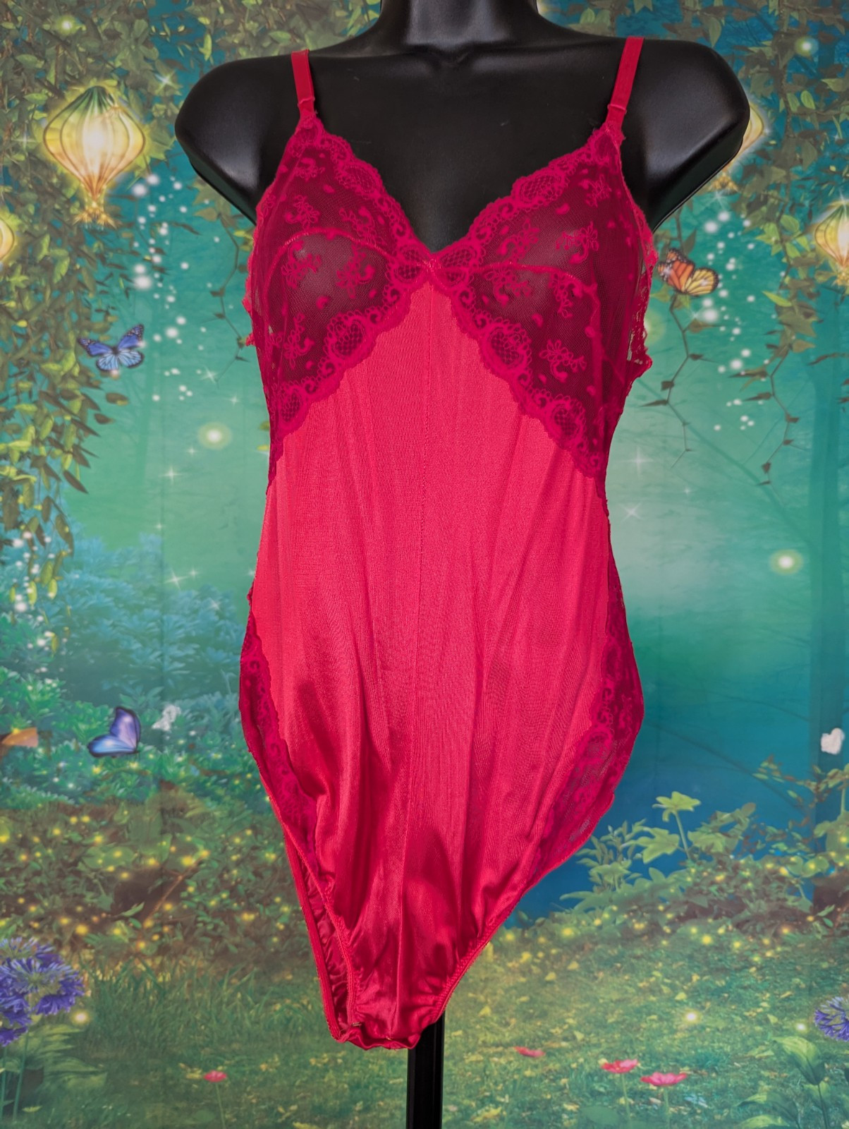 Vintage Formfit Red Lace Teddy Teddie Bodysuit Romper Medium 36 Snaps #106