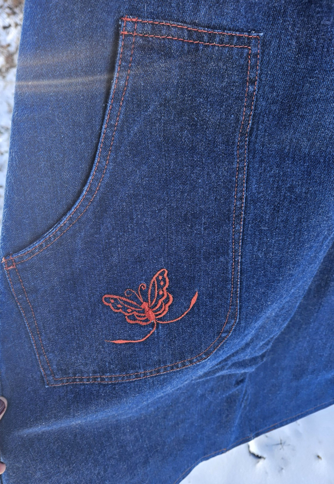 JONI BLAIR of Cali Denim Jumper Dress Size 7 Embroidered Pockets Red Butterflies