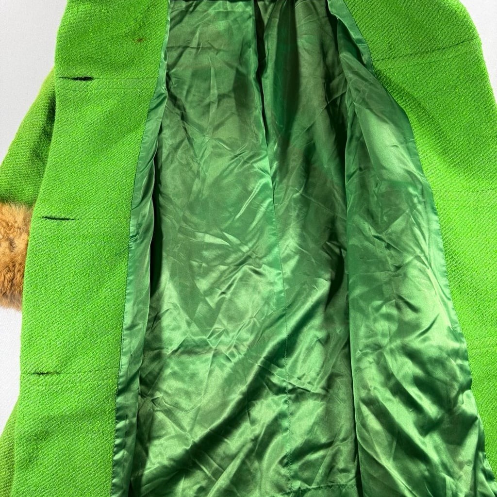 Vintage Green Wool Fur Collar Coat With Yellow Buttons
