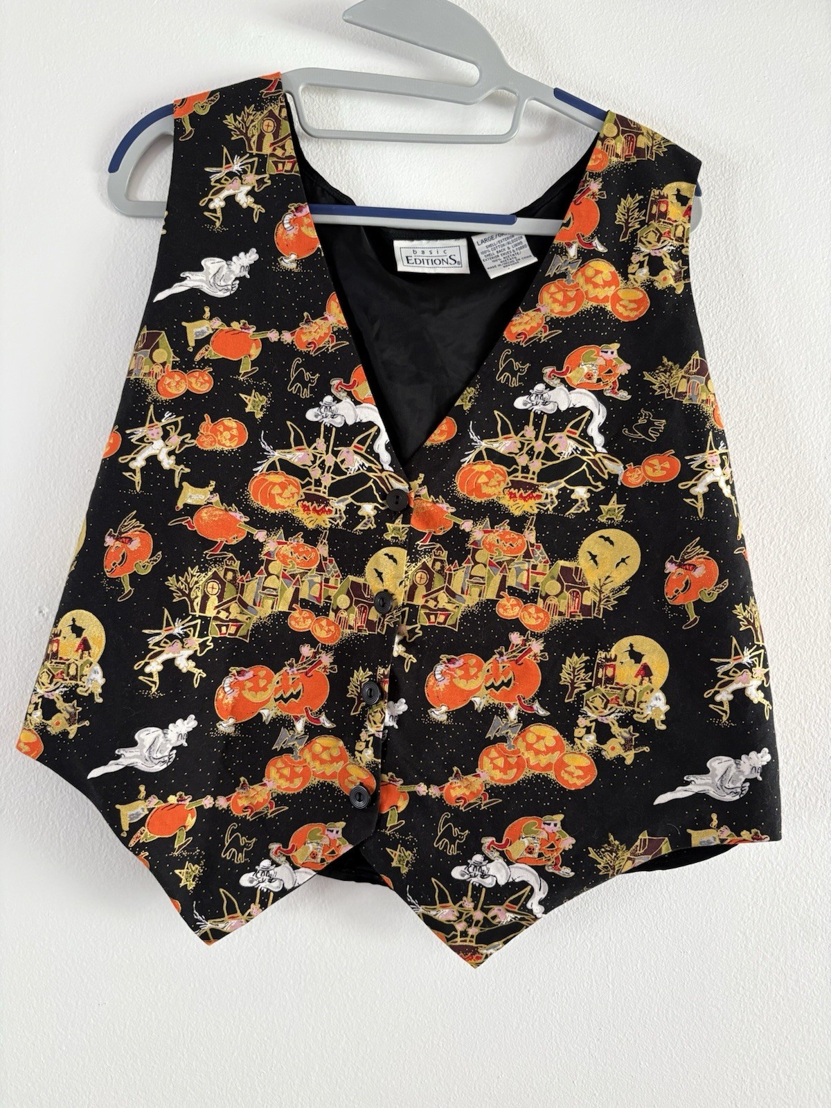 Vintage 1990s Basic Editions Halloween Vest Witch Pumpkins Ghost Sz Large