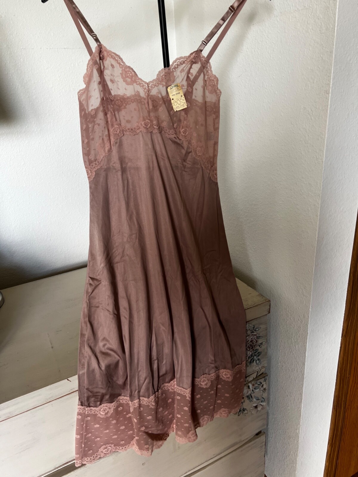 vintage NOS Lorraine lacy full slip dress NWT size 32 Tall mocha color