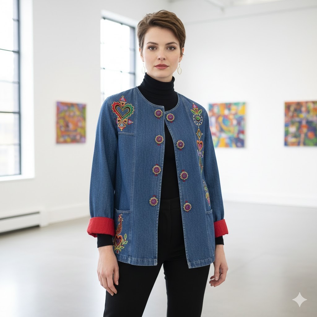 Bob Mackie Wearable Art Hearts Flowers Embroidery Blue Denim Cotton Jacket Small