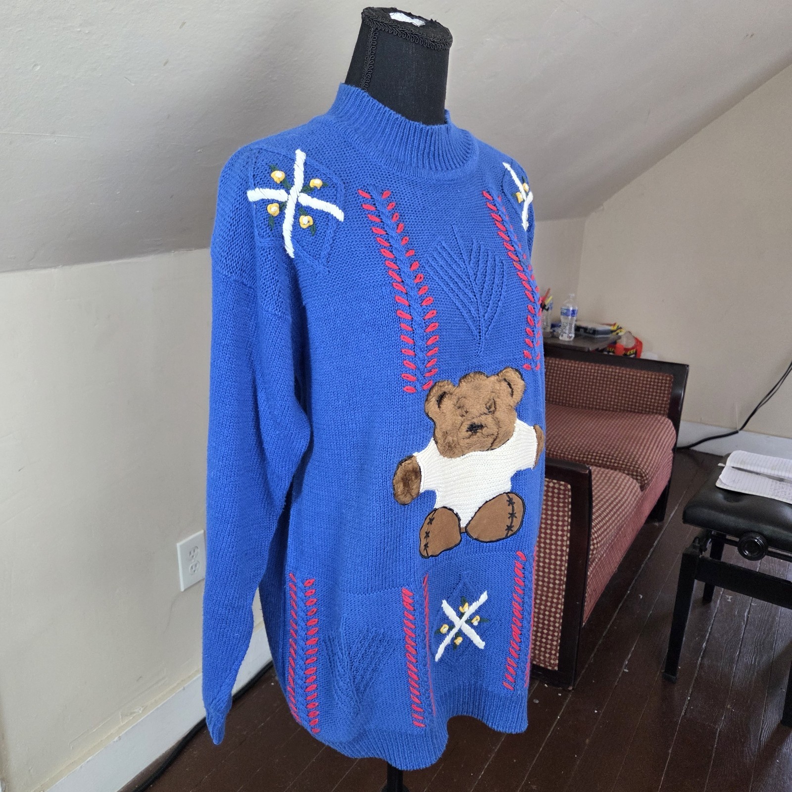 VTG Max and Diane Teddy Bear Sweater Blue Knit Pullover 80s 90s Style M