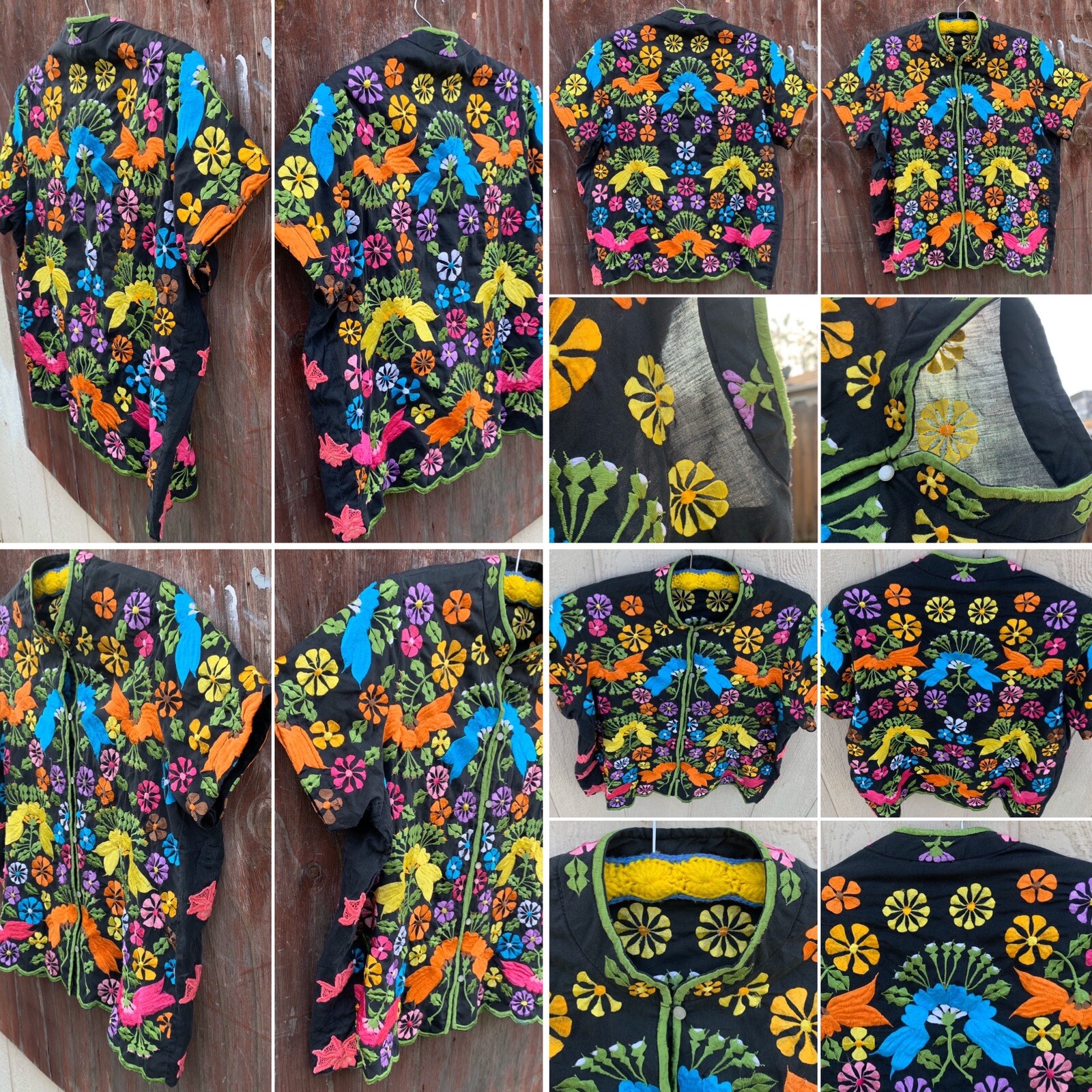 Vintage Embroidered Blouse Top Short Sleeve Mandarin Collar All Over Embroidery
