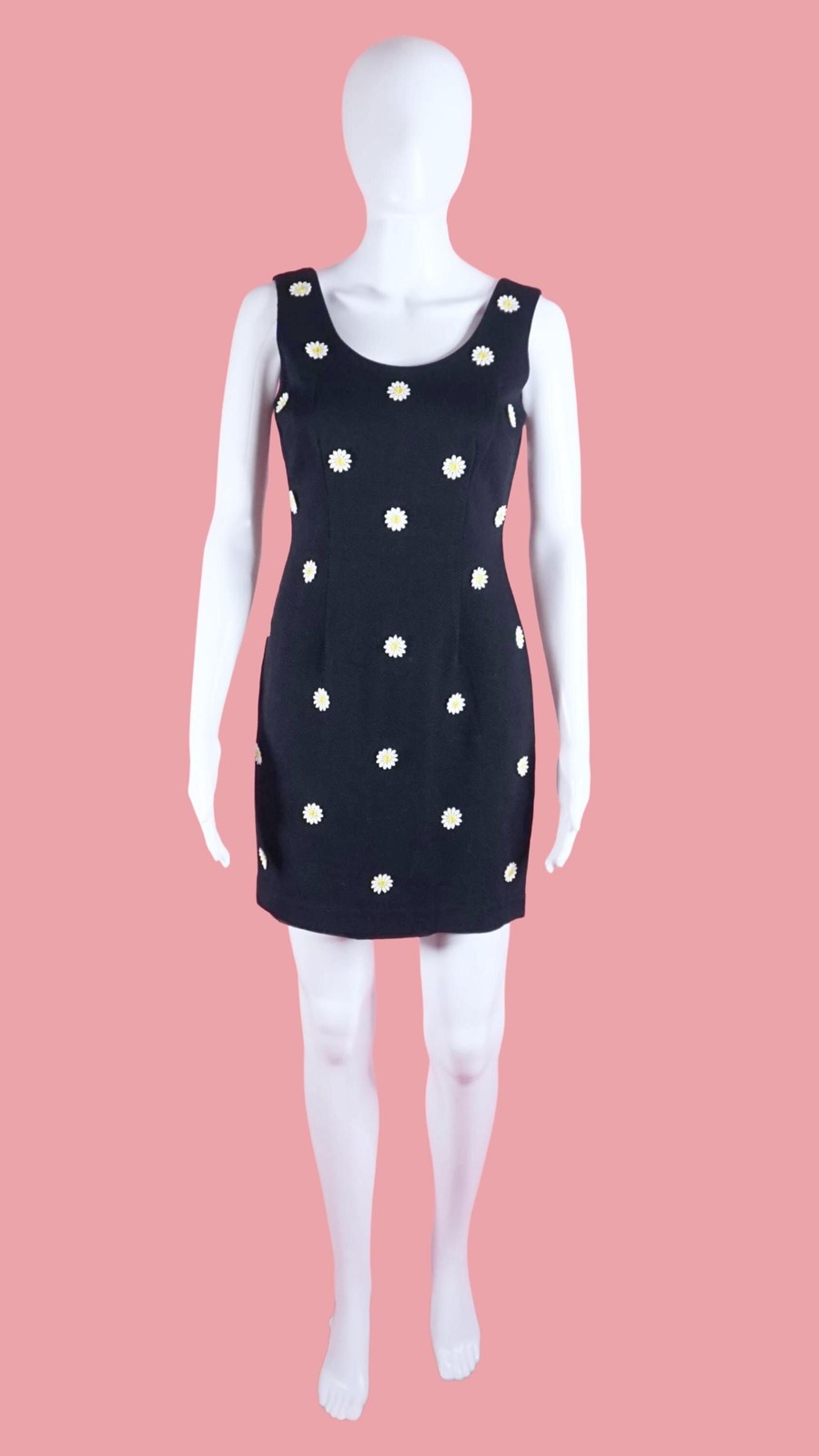 1990s-Y2K LAUNDRY by SHELLI SEGAL Waffle Knit Floral Daisy Appliqué Dress. XS-S