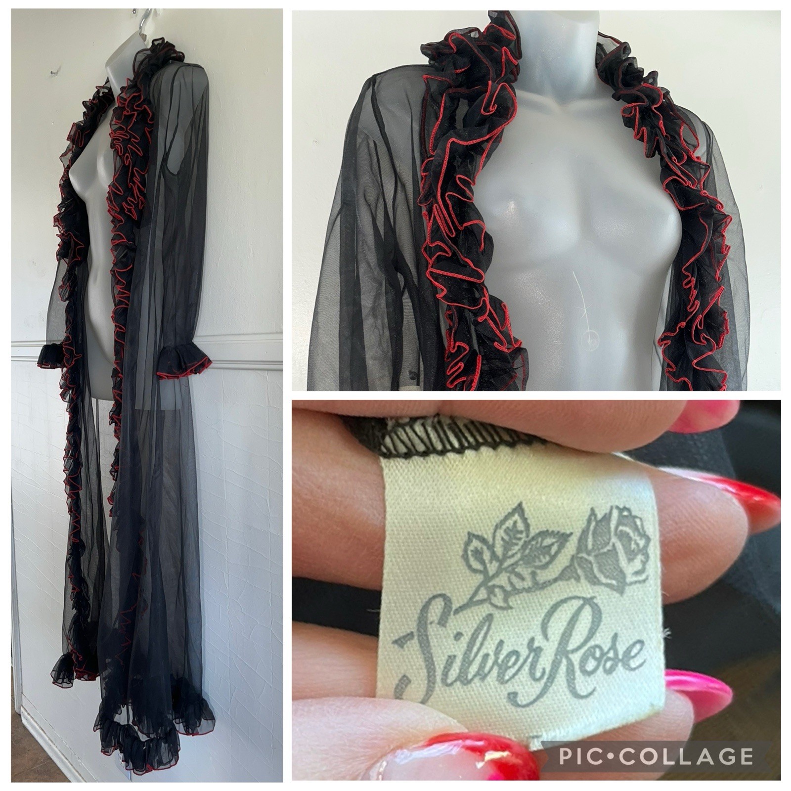 Vtg 1970s ‘80s SILVER ROSE 🌹 Sheer Nylon Black Red Ruffle Long Robe Lingerie