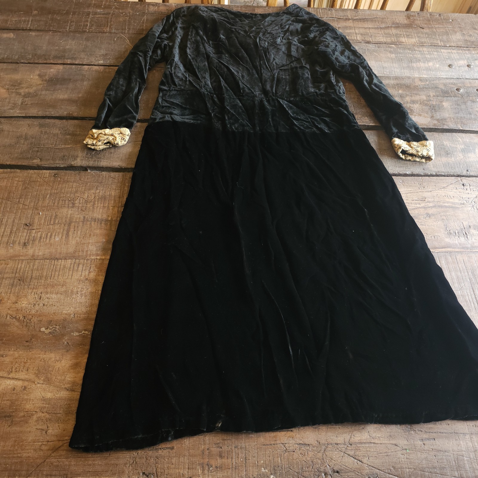 Antique Black Velvet Dress W/ Lace Detailing on Sleeves &Cuffs Long Sleeve Vneck