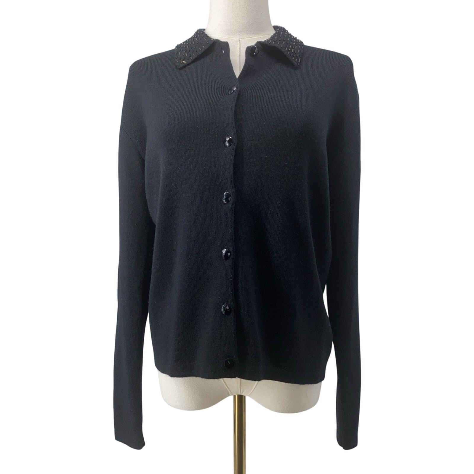 Vintage MCM Pendleton Classic Wool / Acrylic Black Sweater w Beaded Collar Small