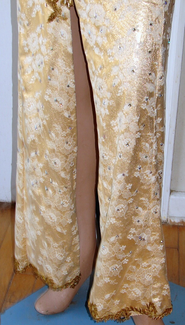 1980s GOLD LONG DRESS w/Lace and Rhinestones; Fancy Trim d1-2