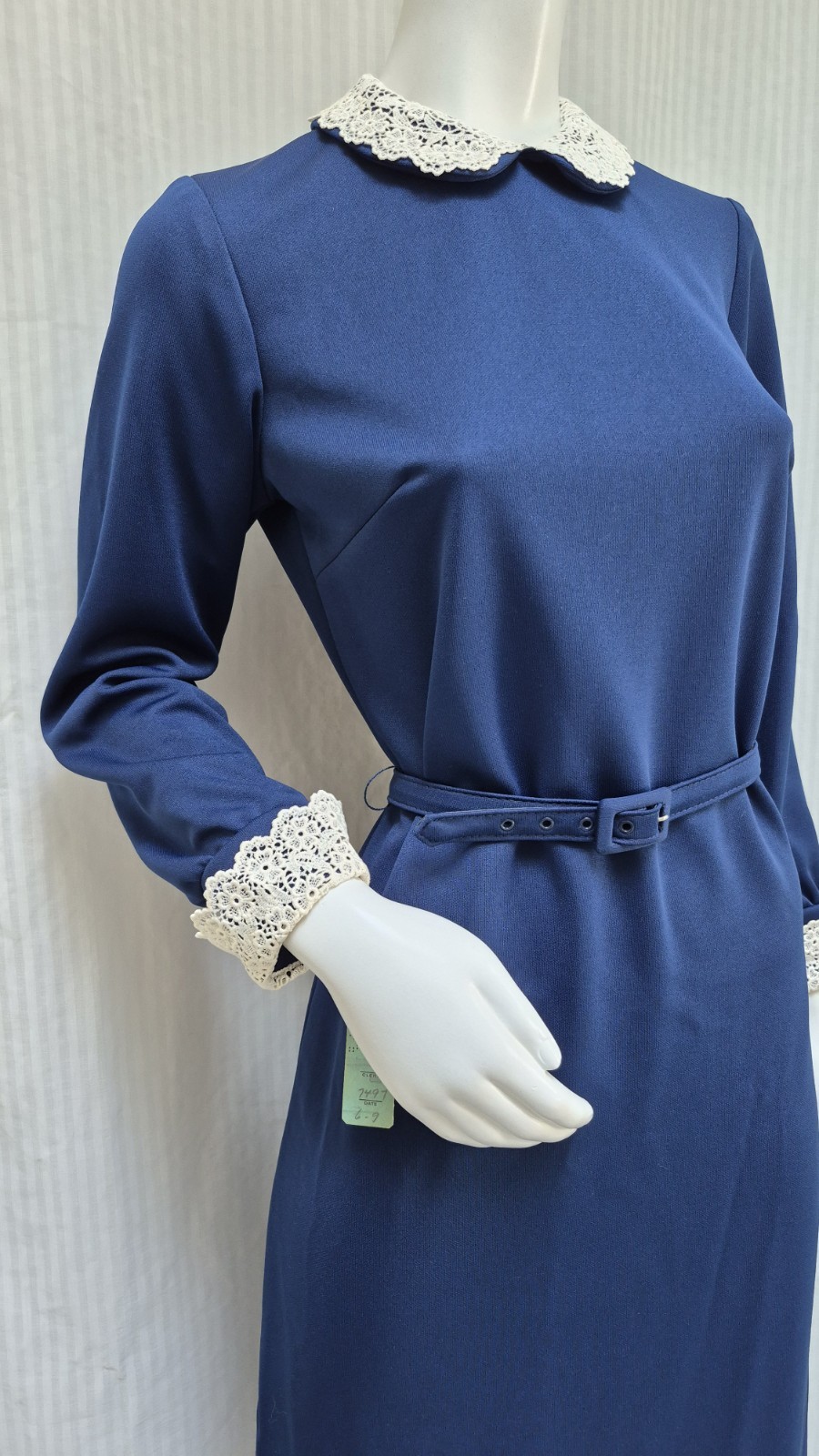 NWT Vintage 1960s MARCY LYNN Blue Knit Peter Pan Collar Dress + Belt – Size M