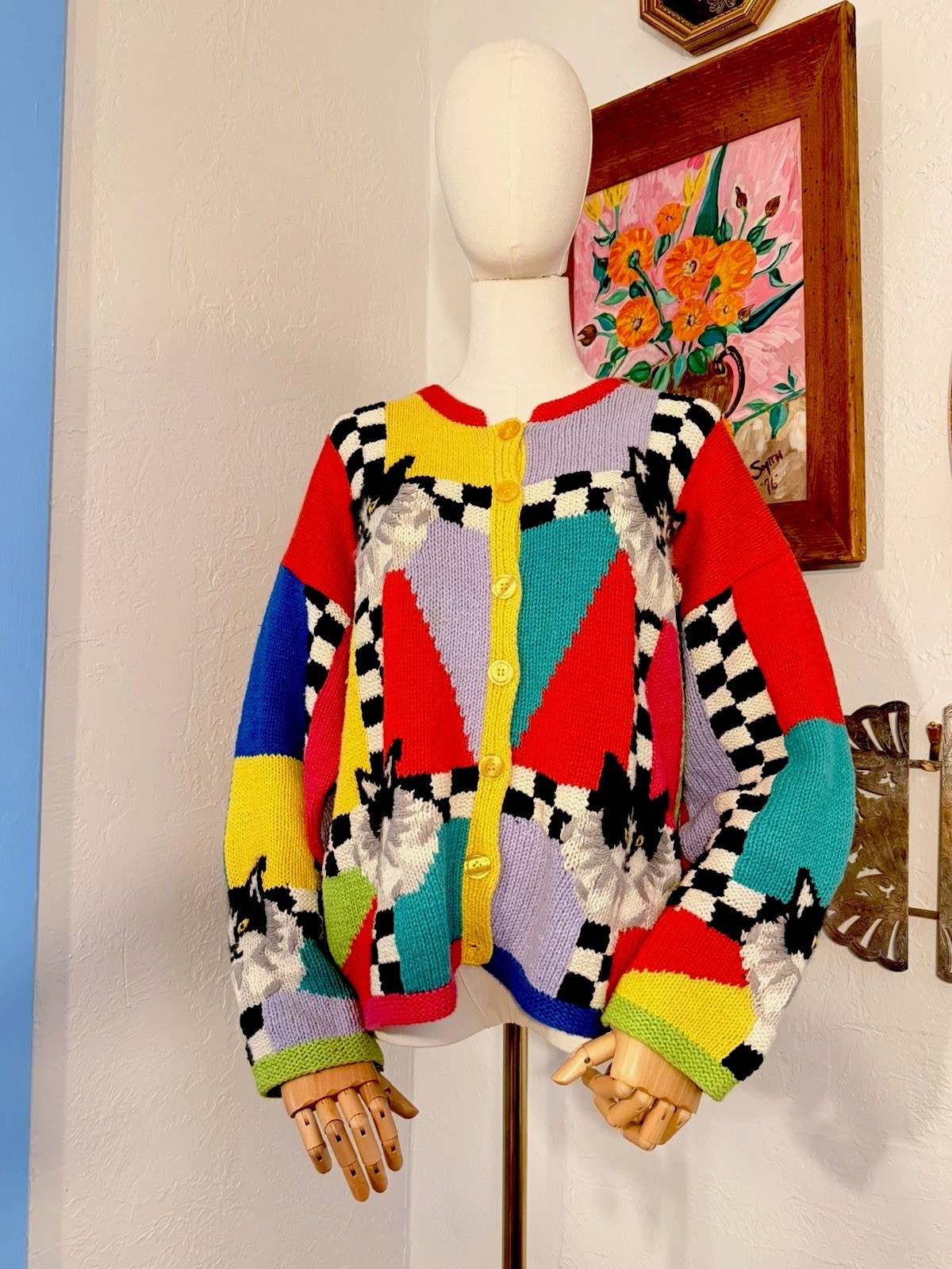Vintage Cardigan Bay Knitted by Hand Cats Multicolored Size M Women’s