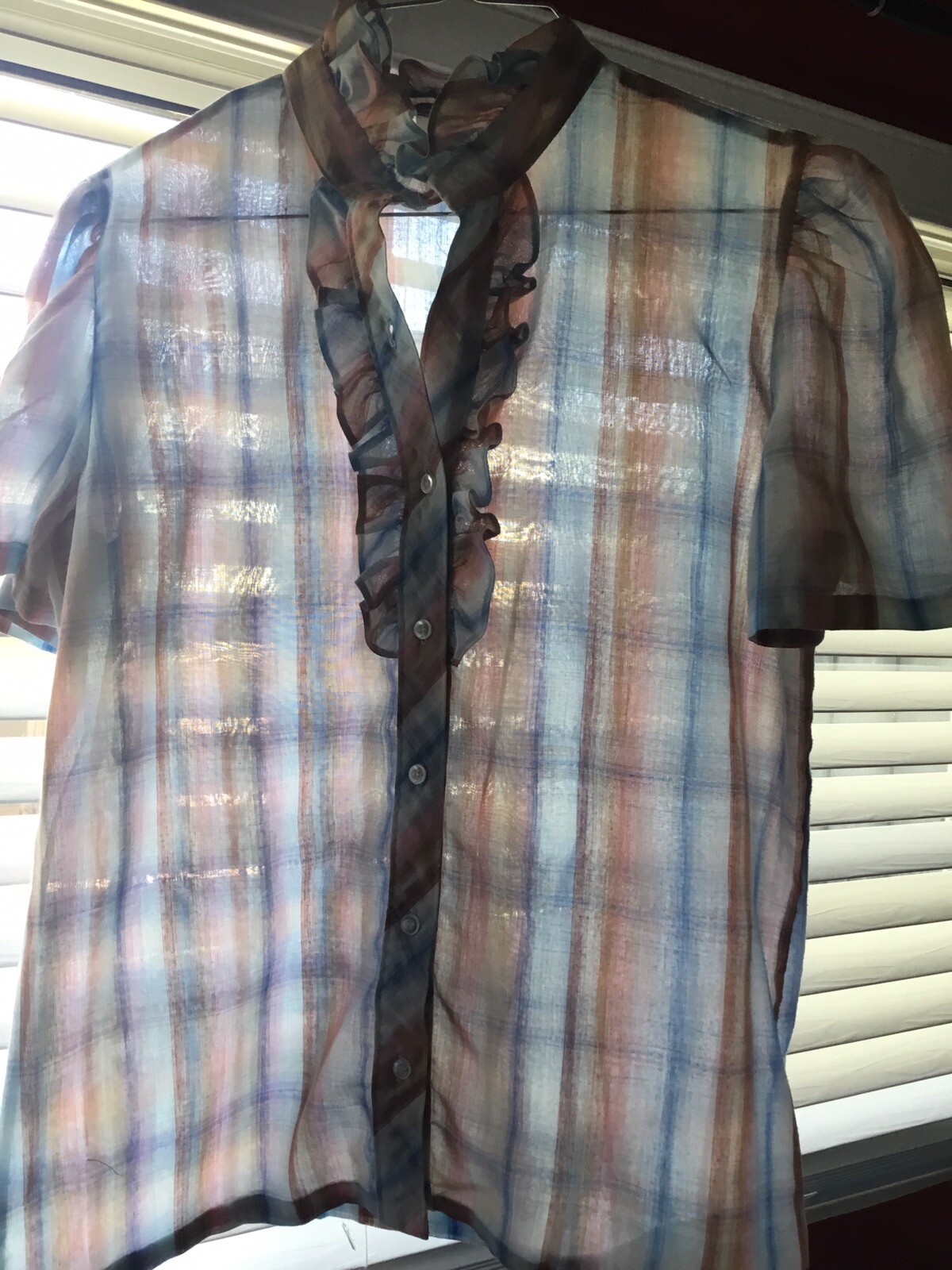 Vintage 70’s 80’s Sheer High Neck Plaid Button Front Shirt Lucky Winner Size 14