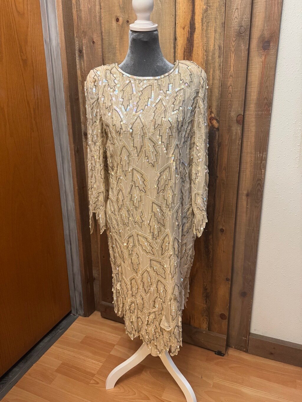 Vintage Champagne Gold Sequin Beaded Midi Dress Long Sleeve Tassel Belt Gala