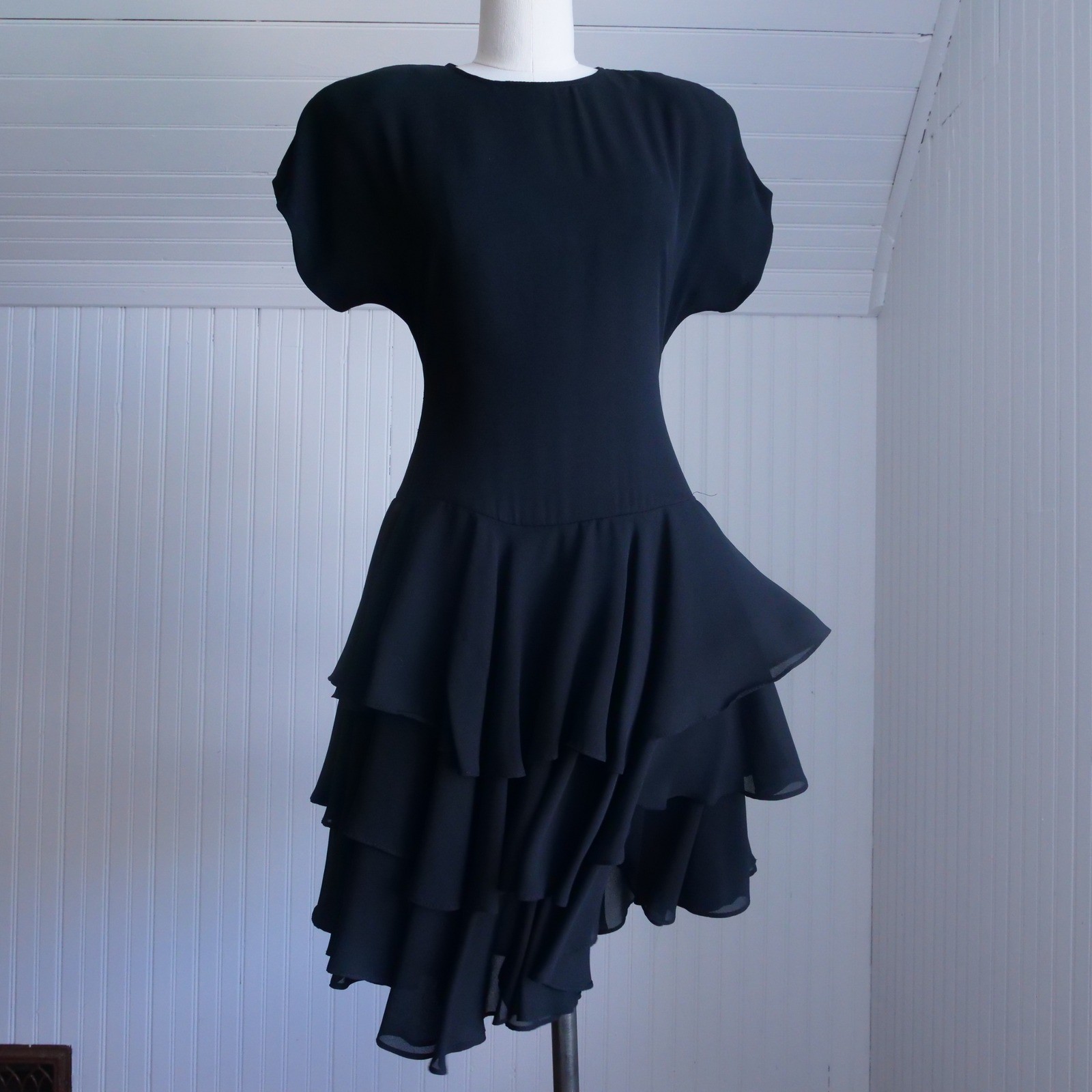 Great vintage 1990s Samantha Black dropped waist ruffle skirt black party dress