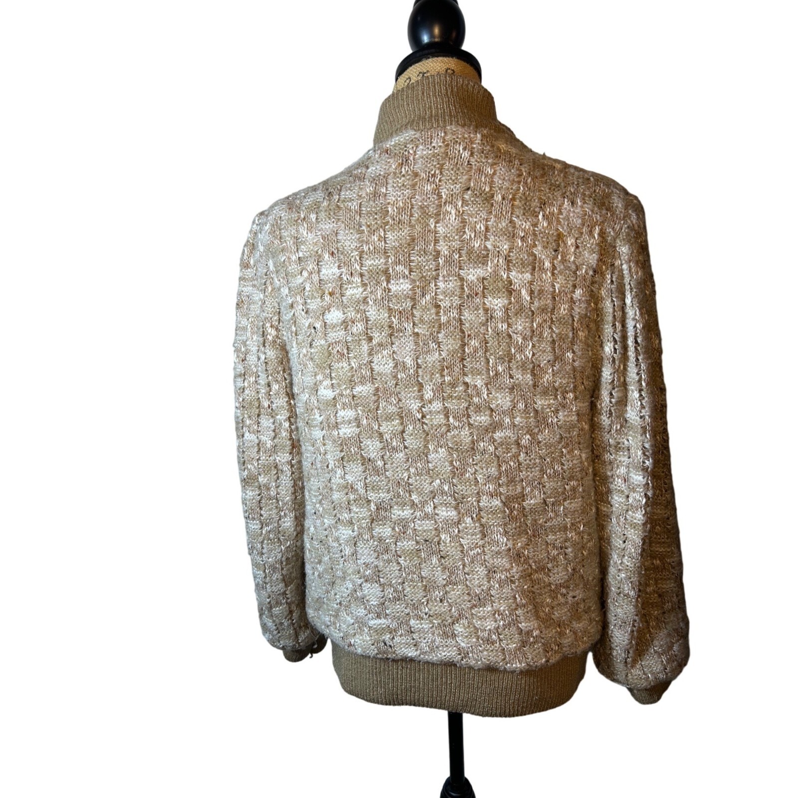Vintage Hippie Boho Jacket Women L Beige Textured Knit Zipper & Button Closure
