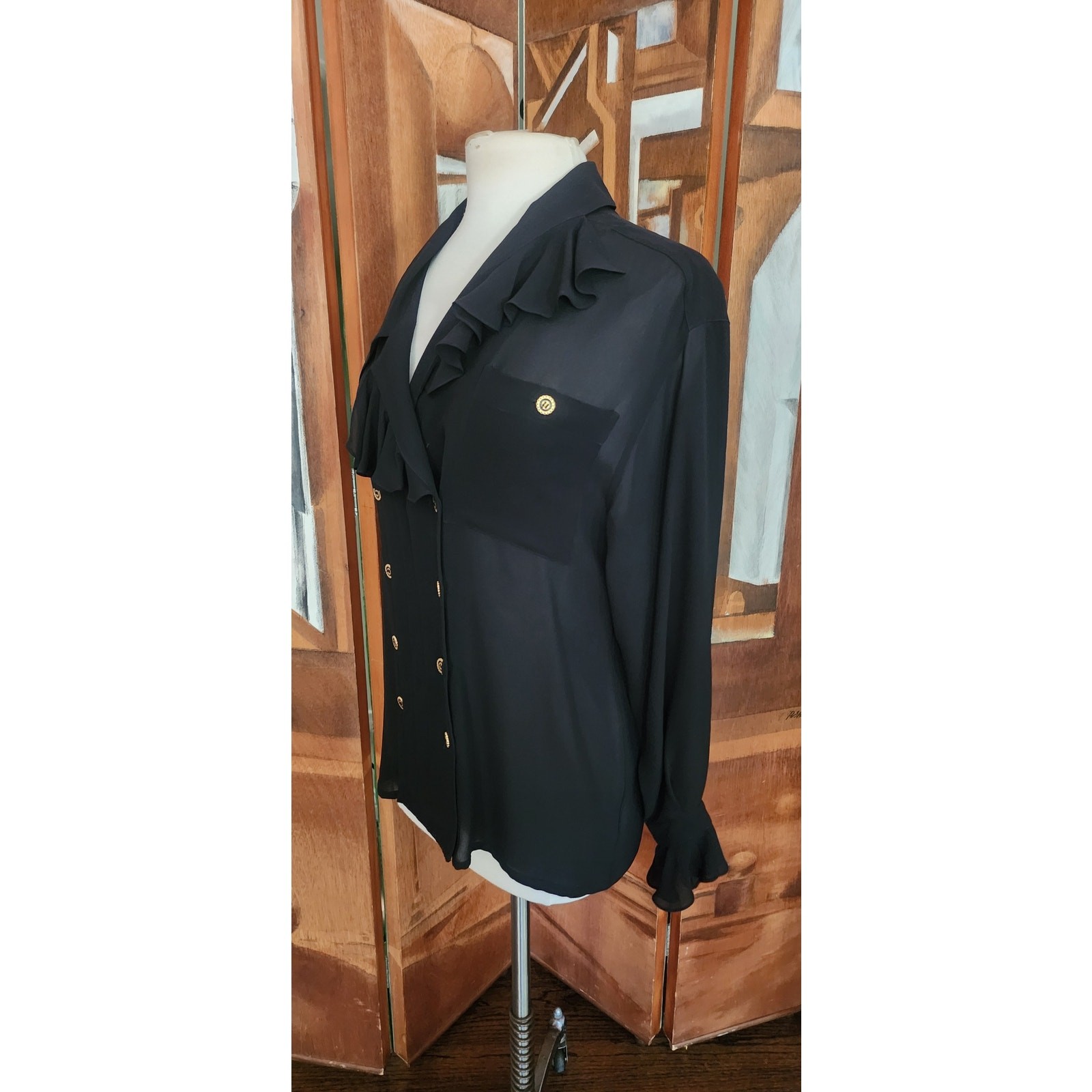 Vintage 80s Karl Lagerfeld Blouse Black Silk Ruffled Front Poet Shirt Semi-Sheer