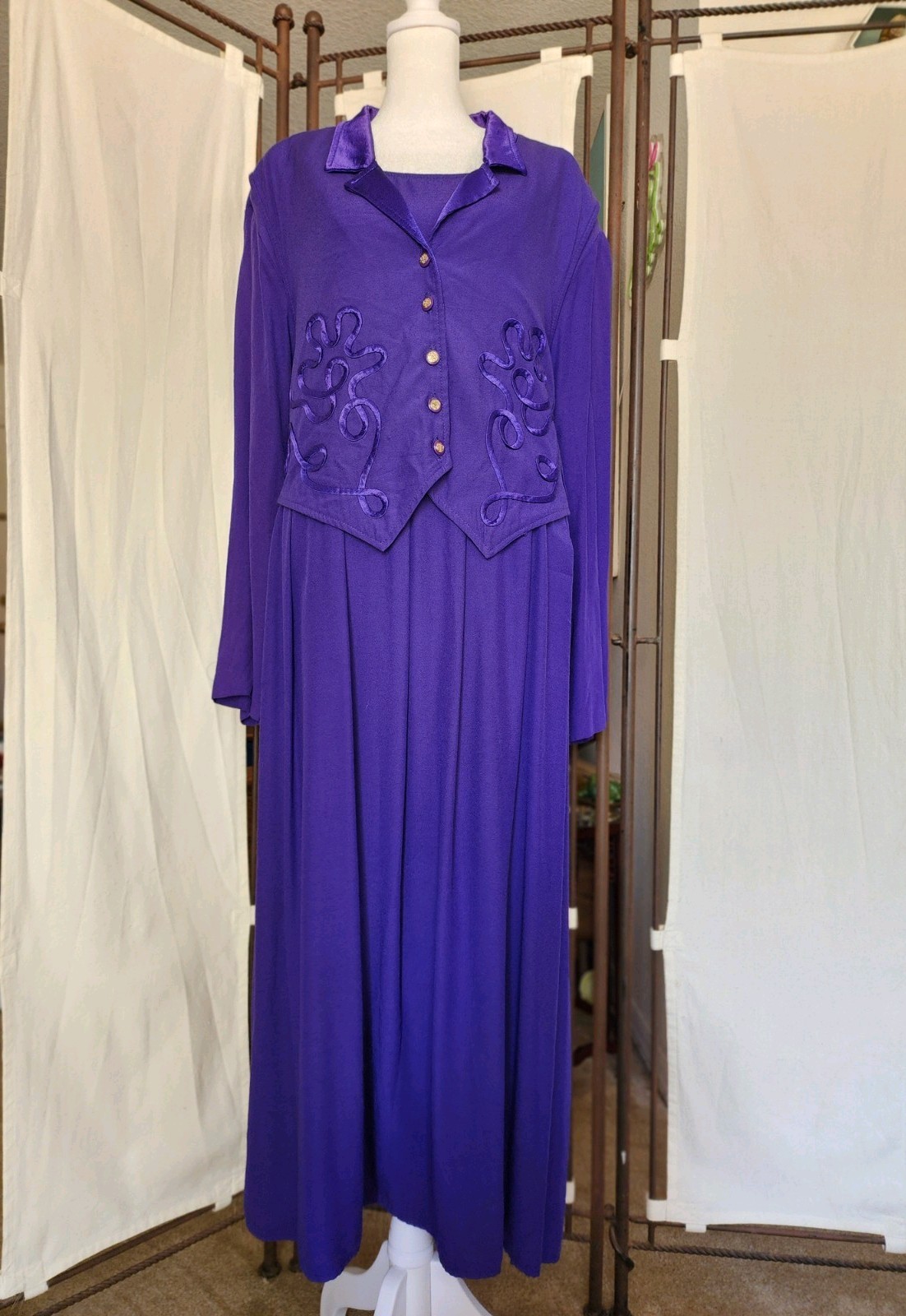 Vintage Allison Che 24W Purple Faux Twinset Maxi Dress Soutache Gold Button Plus