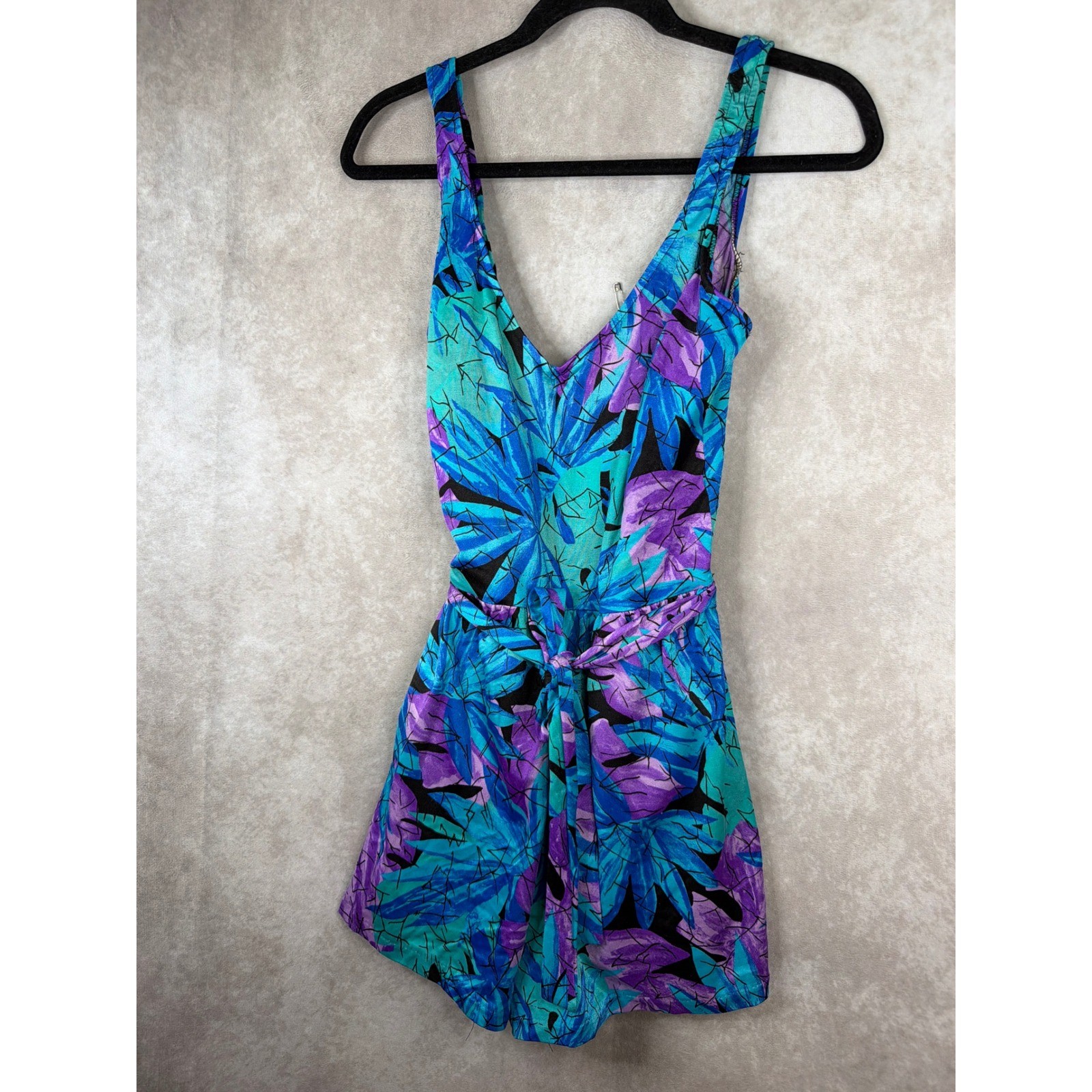 Maxine of Hollywood Swim Dress Women 16 Blue Purple Tropical Leaf Vintage 90s