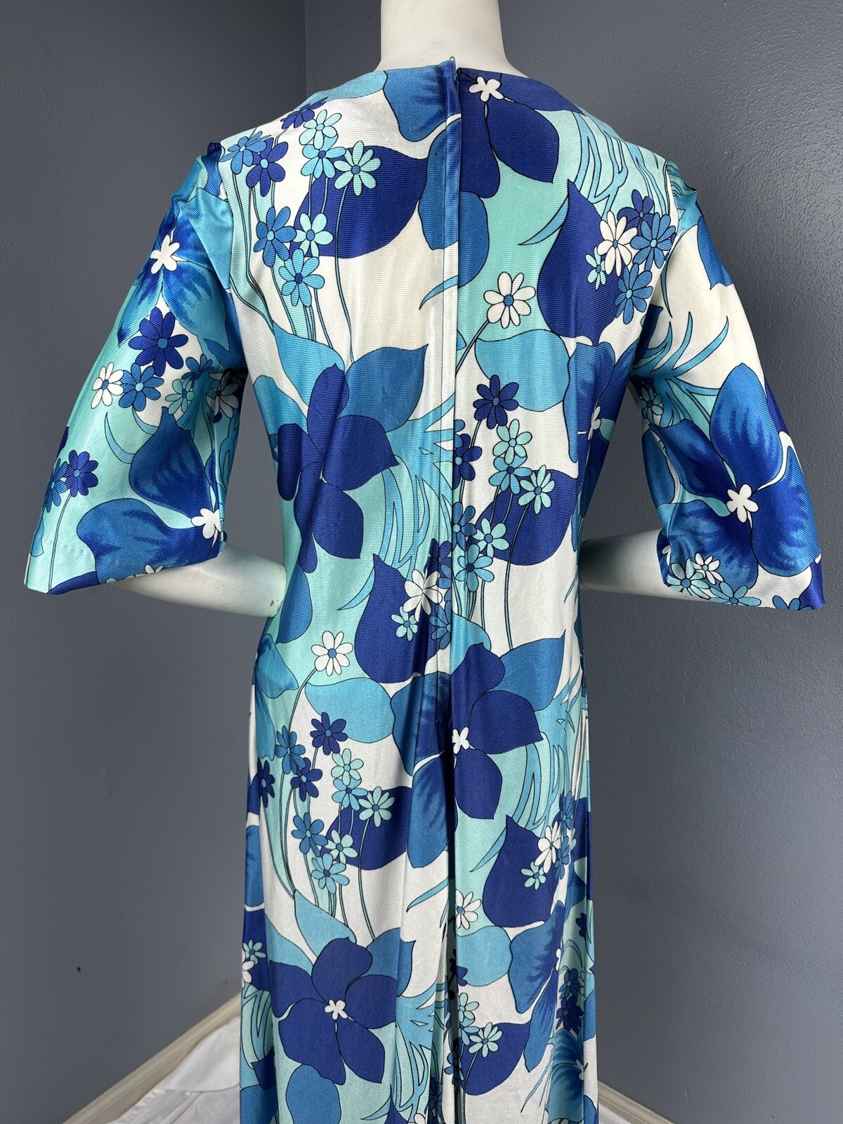 Vtg Hawaiian Surf By Pacific Blue Asian-Inspired Maxi Dress Hawaii Tiki 35” Bust