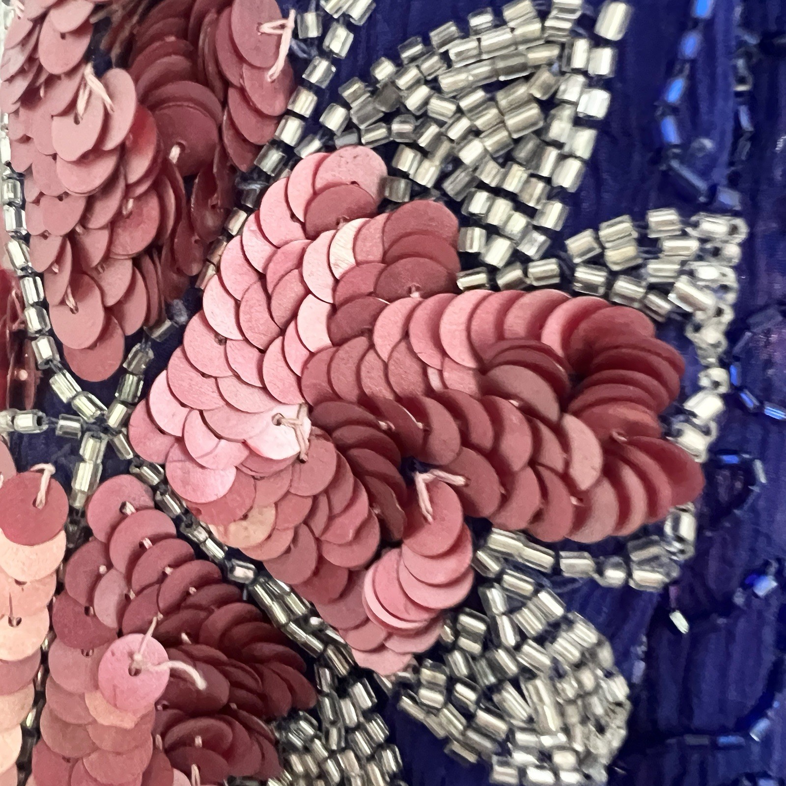 Vintage 80s Cobalt Blue Pink Silk Beaded Floral Maxi Duster Jacket Sequin