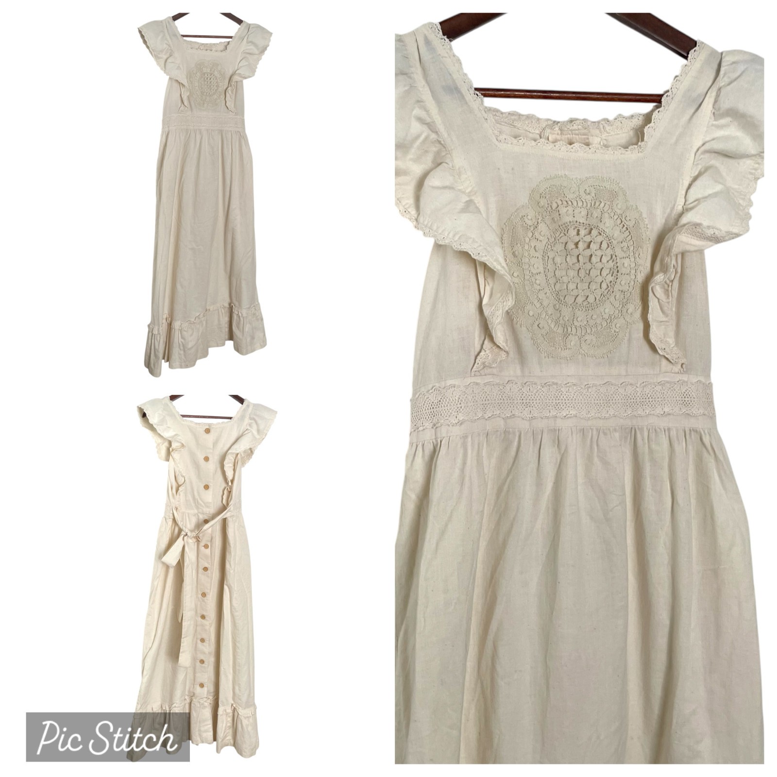 STUNNING Vintage 70s Apron Style Maxi Dress M Cream Lace Ruffle Trim Bohemian