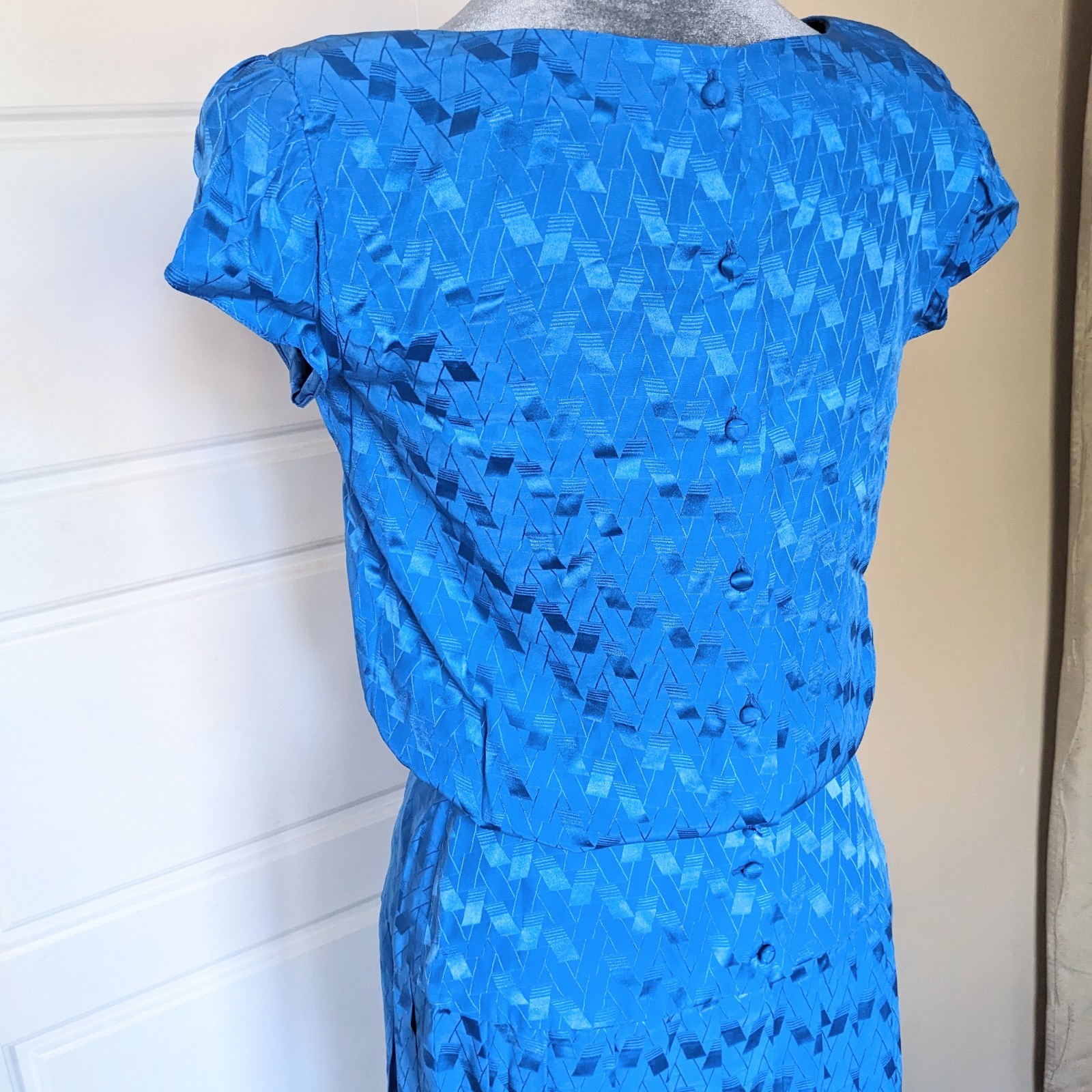 Vintage 80s Blue Silk Midi Dress Sz 4 Drop Waist Pleated Button Back Blouson