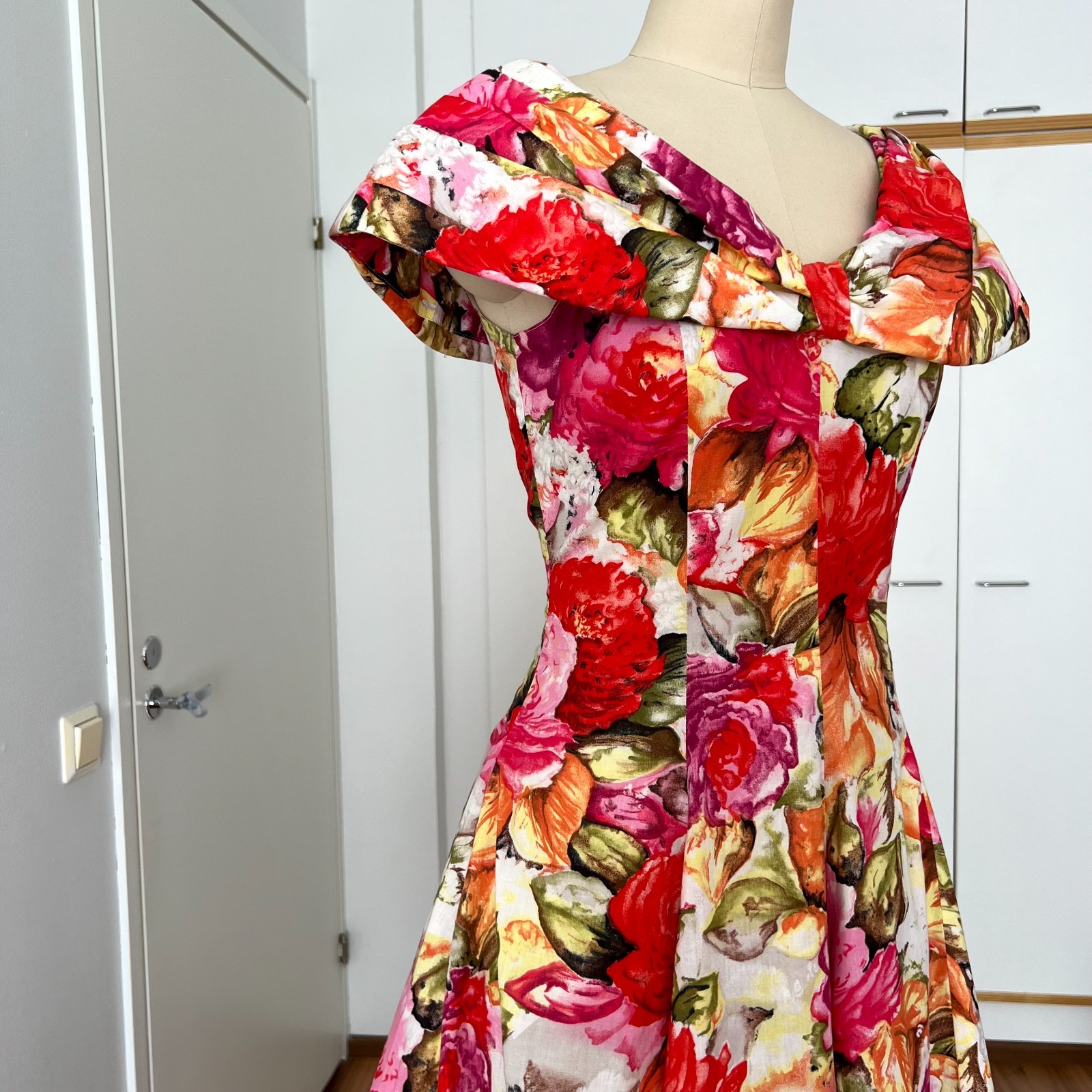 1980s Floral Rockabilly Cotton Dress Off Shoulder Fit & Flare Pin Up Party Retro