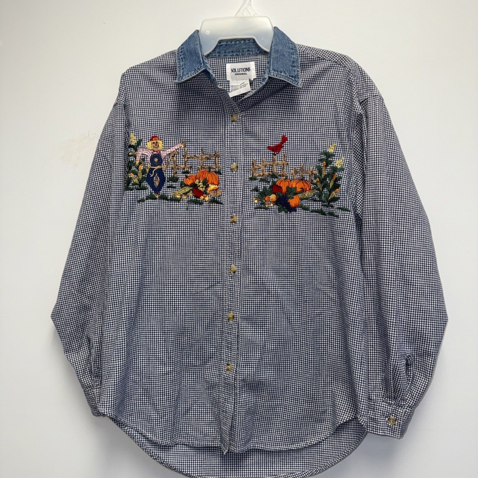 Vintage 90s Solutions Halloween Embroidered Shirt Blue Denim L Teacher Granny