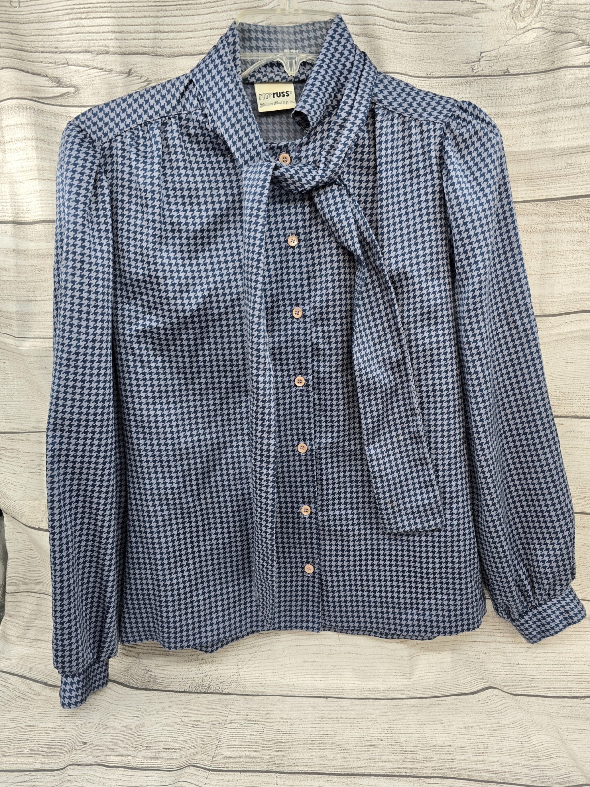 Vintage RRRRuss Secretary Blouse Sz 10 Blue Tie Neck Button Down Top 70’s 80’s