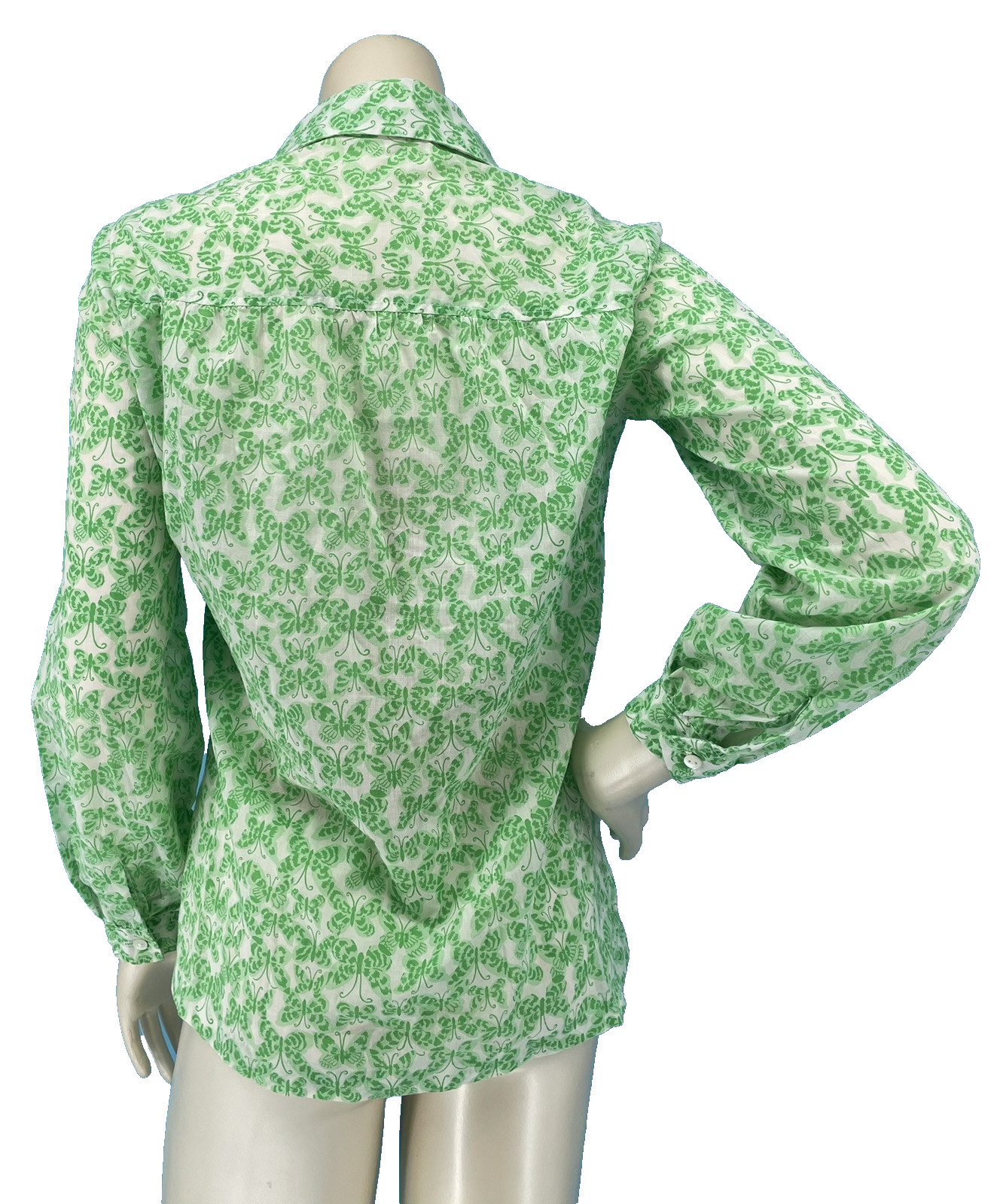 Vintage 1970s Green Butterfly Print Hippie Sheer Boho Summer Peasant Top sm/md