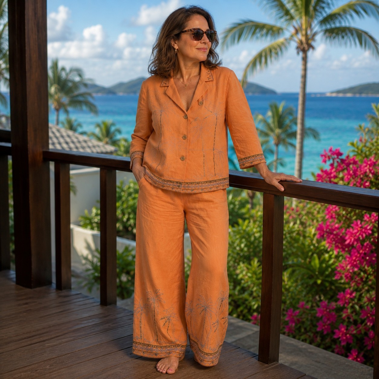 Vintage 2 pc 100% Silk Pants set Sz M Embroidered Cruise Coral Tropical Beach