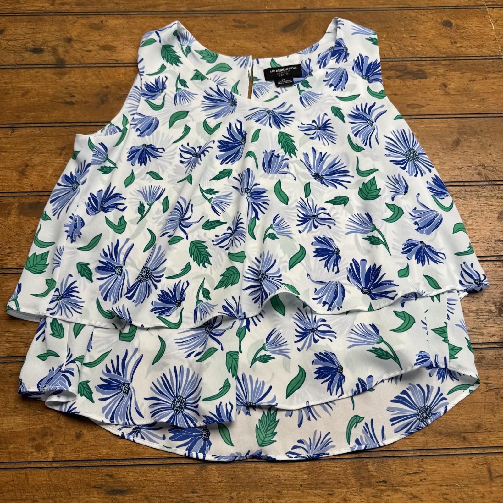 Liz clairborne Petite Small Career sleeveless tank Floral white Blue Flowy