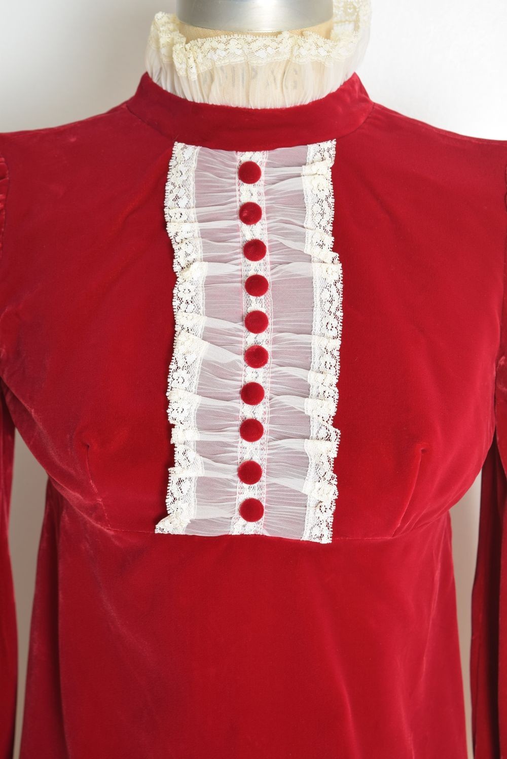 vintage 60s tuxedo dress red velvet puff ruffle babydoll mod twiggy mini XS