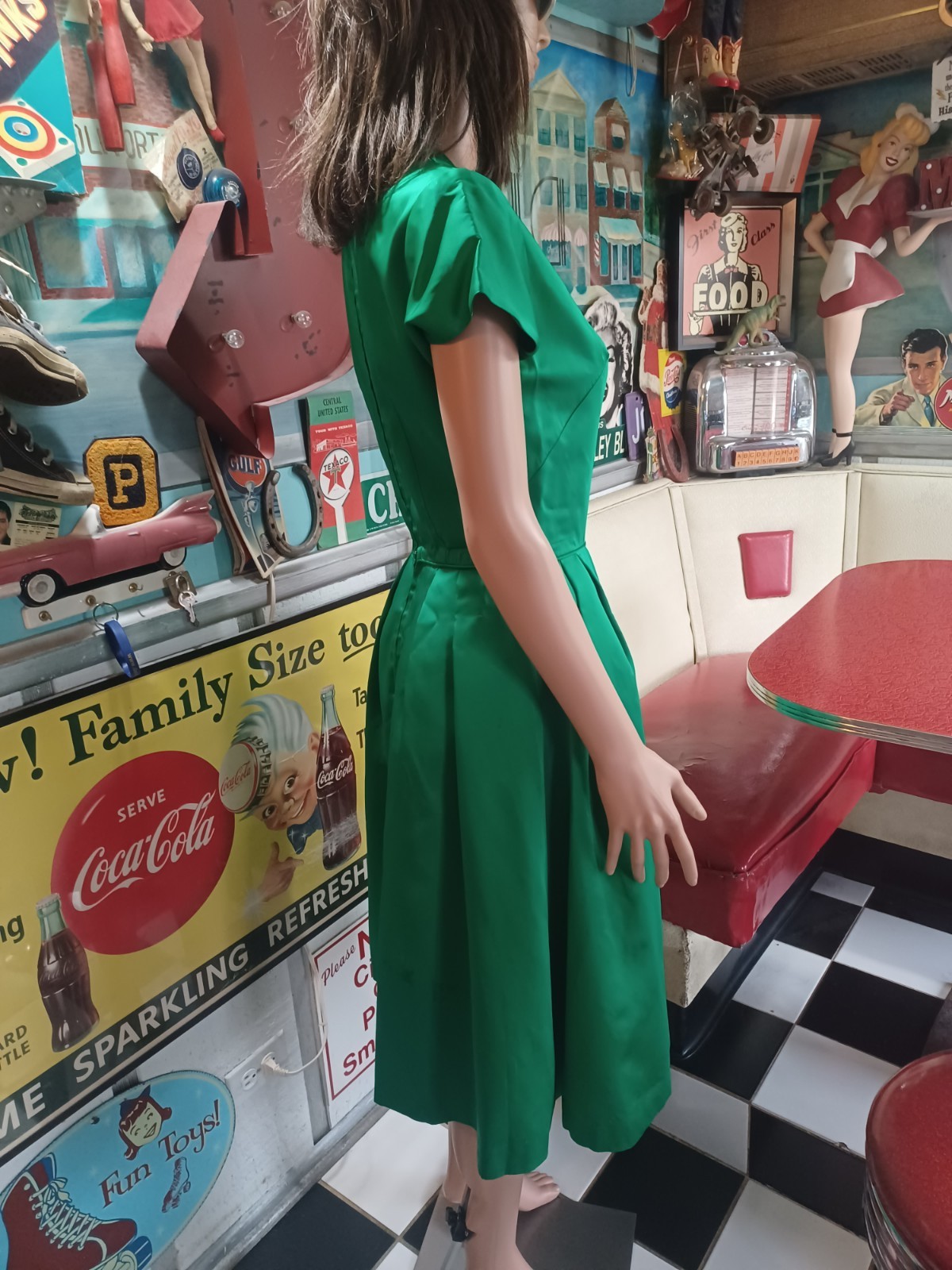 VTG Mid-century 40s 50s 60s Emerald Green Satin Cocktail Party Dress M Crinoline