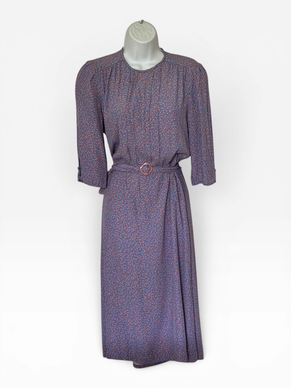 Vintage 70s Ditsy Floral Dress Belt Pale Purple PS 3/4 Sleeve Lightweight Calico