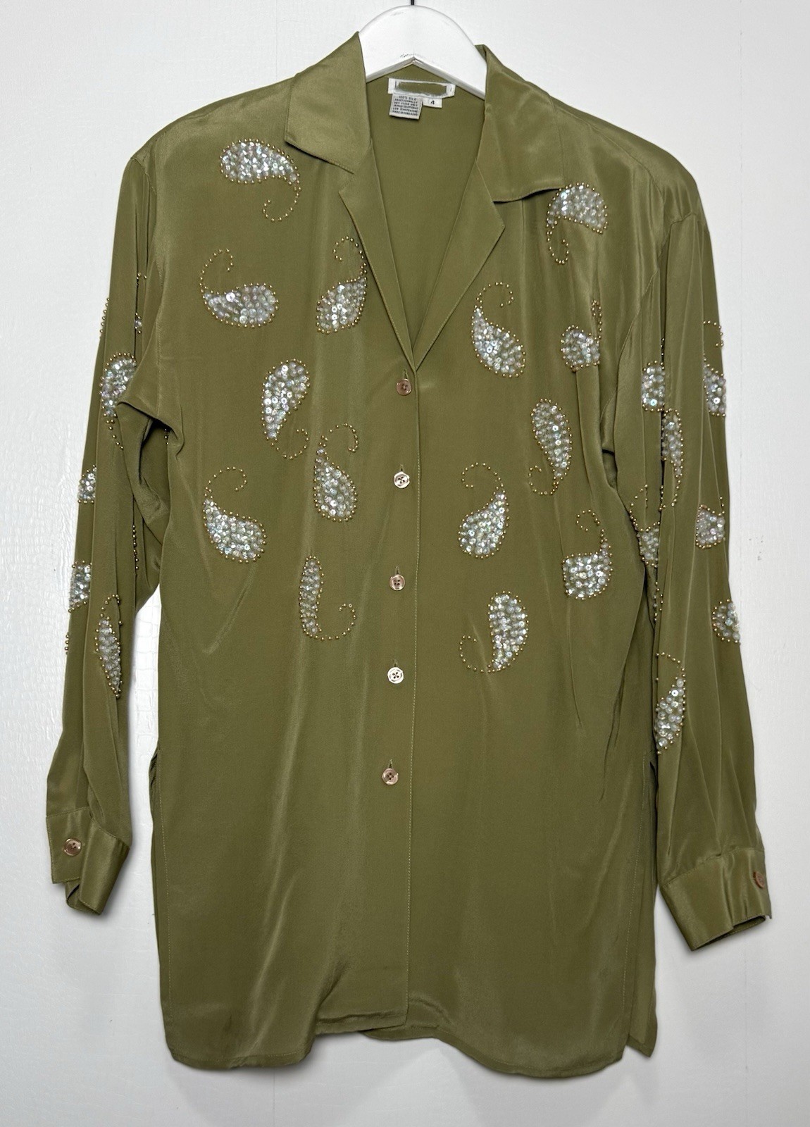 Vintage 80s 100% Silk Blouse Sz 4 Olive Sequin Beaded Paisley Tunic Shirt