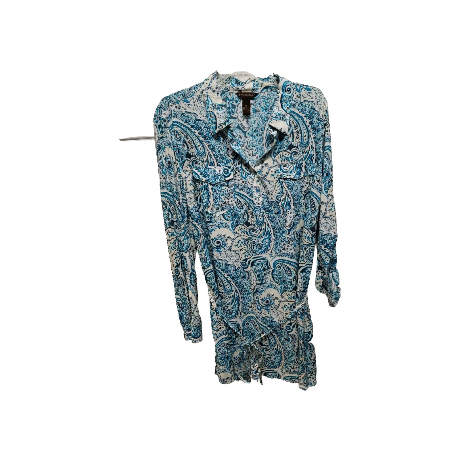 Bit & Bridle Dress Size 1X Turquoise White Floral Long Sleeve Roll Tab NWT
