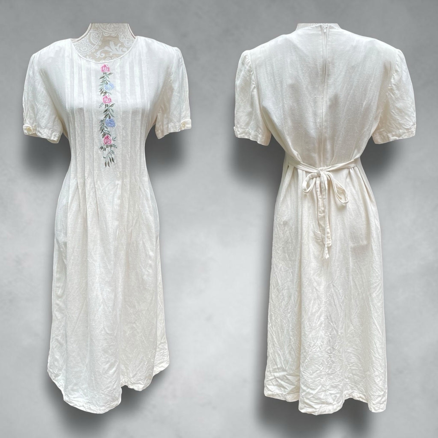 Cottagecore Prairie White Embroidered Midi Dress Pintuck Linen Blend Karin Steve