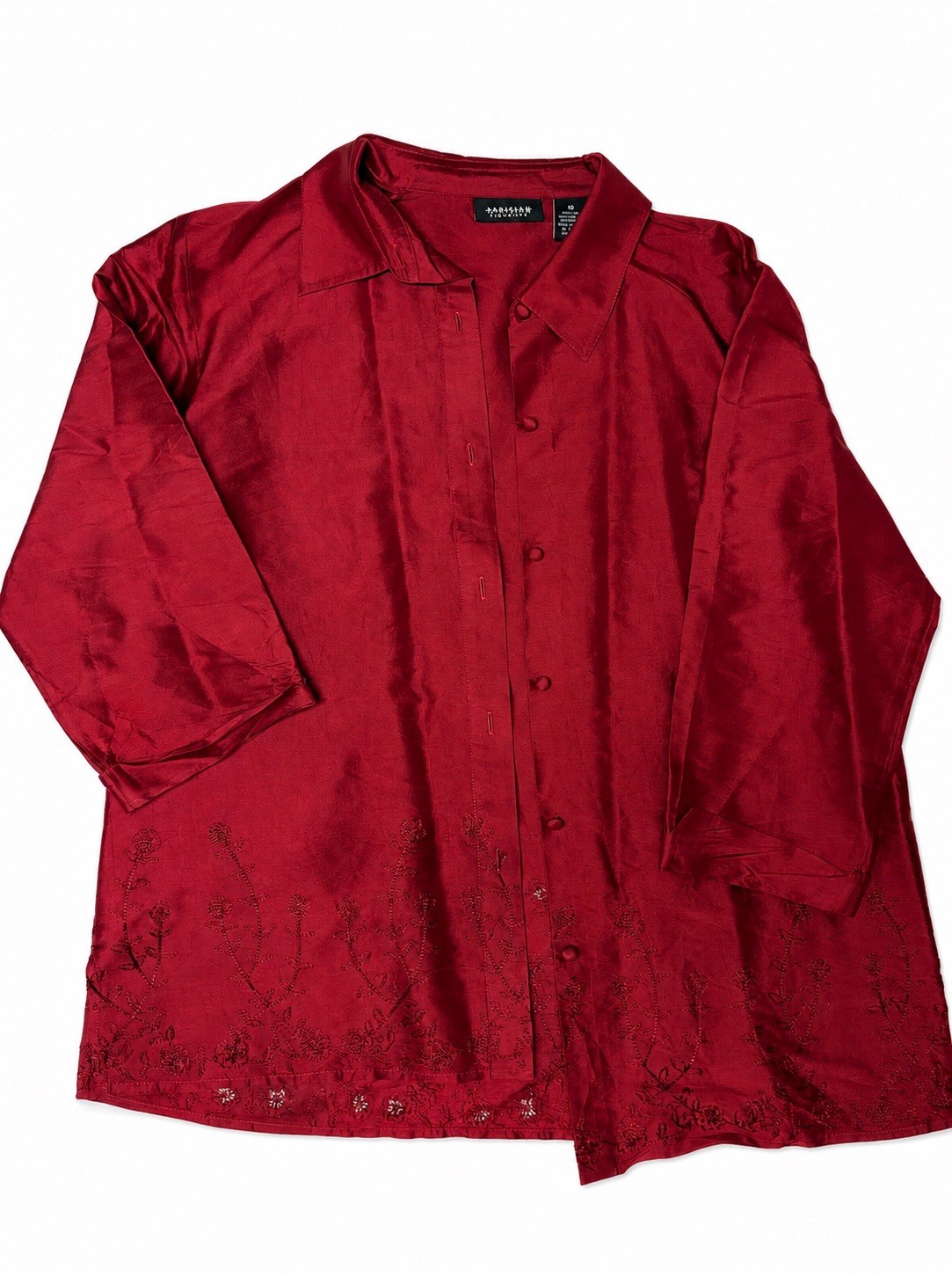 Vintage Parisian Signature Red Silk Embroidered Blouse Size 10