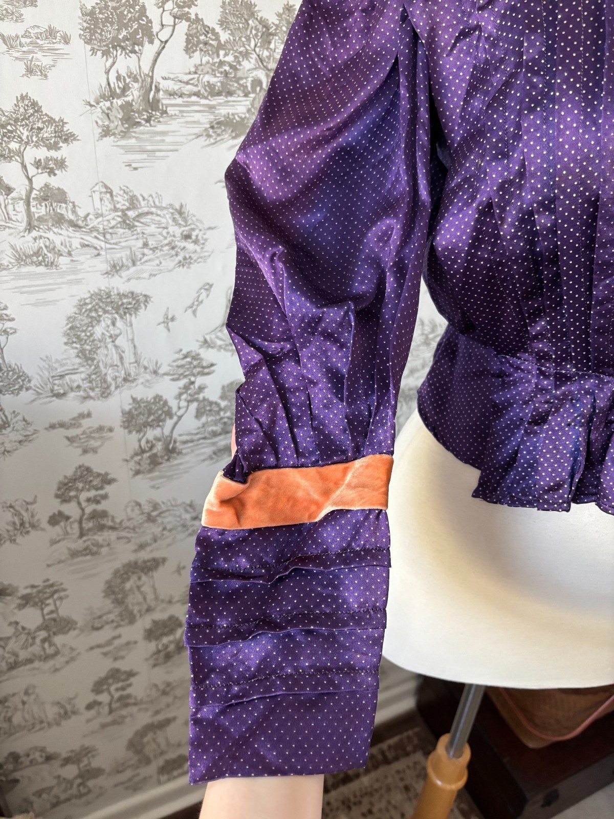 Rare Antique 1900s Edwardian Purple Silk Blouse Lace High Neck and Peach Velvet