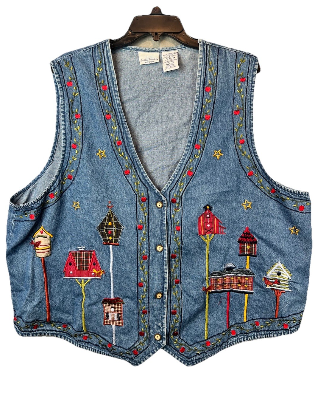 VTG Bobbie Brooks Denim Vest Women 22W/24W Floral Granny Embroidery Cottagecore