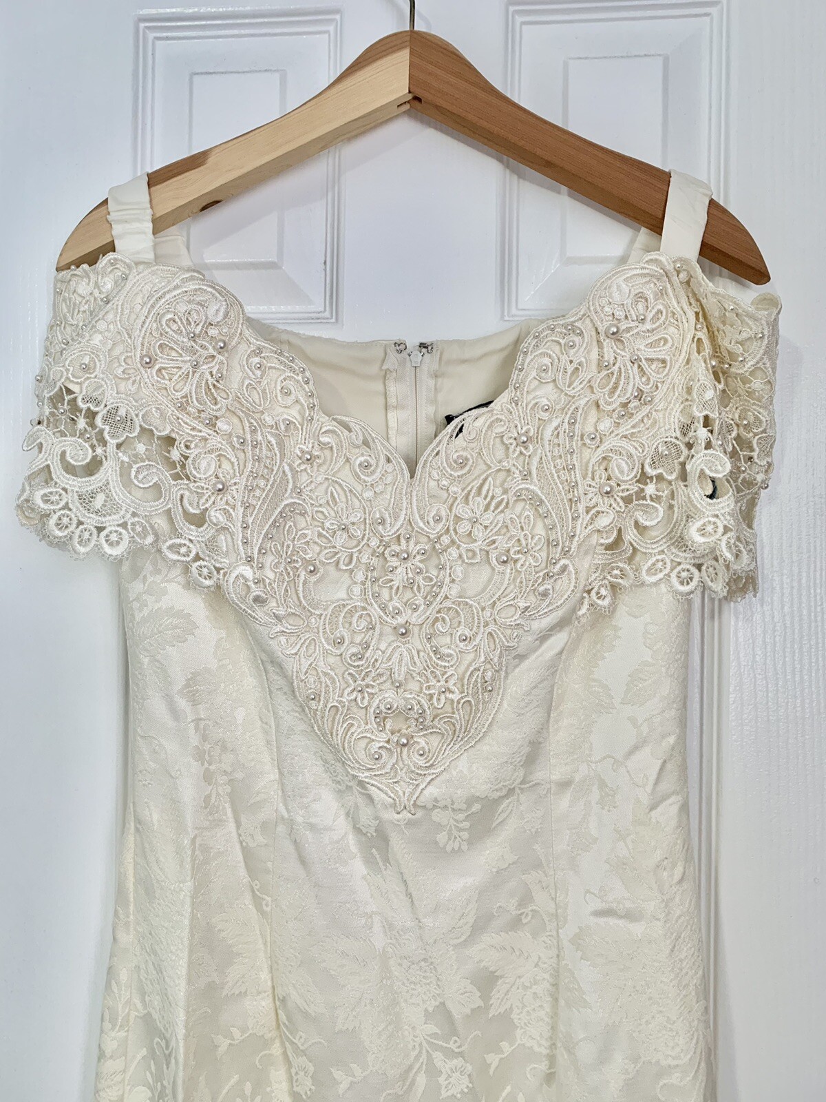VTG 90s Pearls Lace Wedding Dress Cachet by Bari Protas Ivory Volup Gown Bodycon
