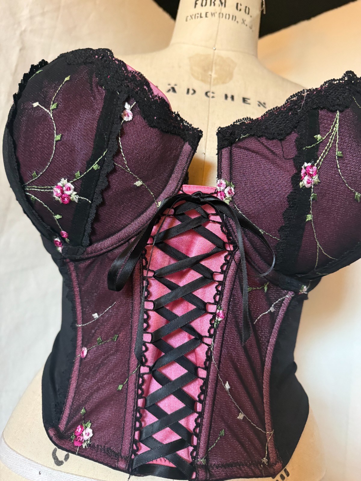 LACE FRONT CORSET BUSTIER „ENCHANTED” SHEER BLACK NYLON w EMBROIDERED CUPS 42DD