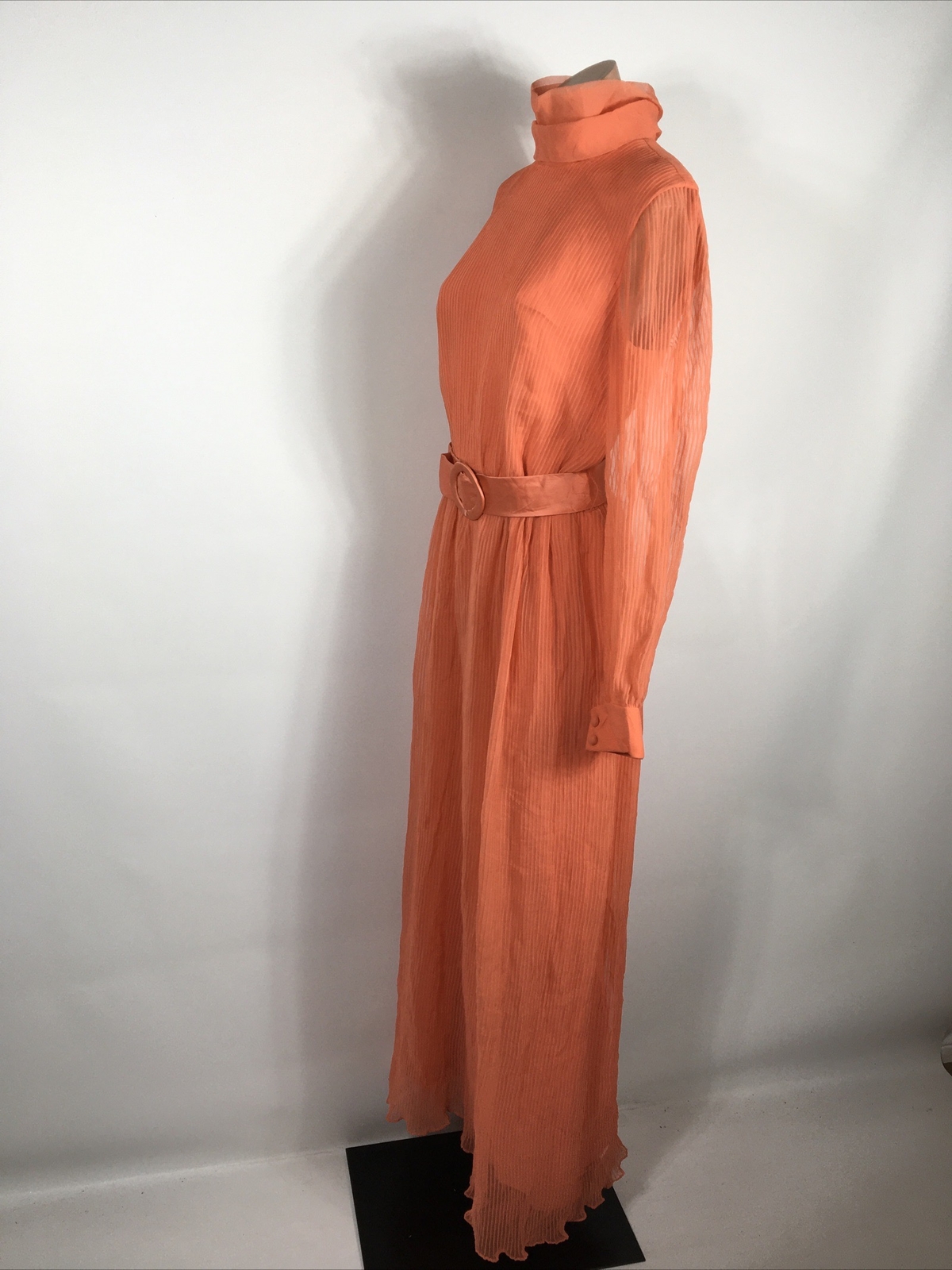 Miss Elliette Coral Illusion Sleeve High Collar Pleated Vtg 60’s Gown Dress