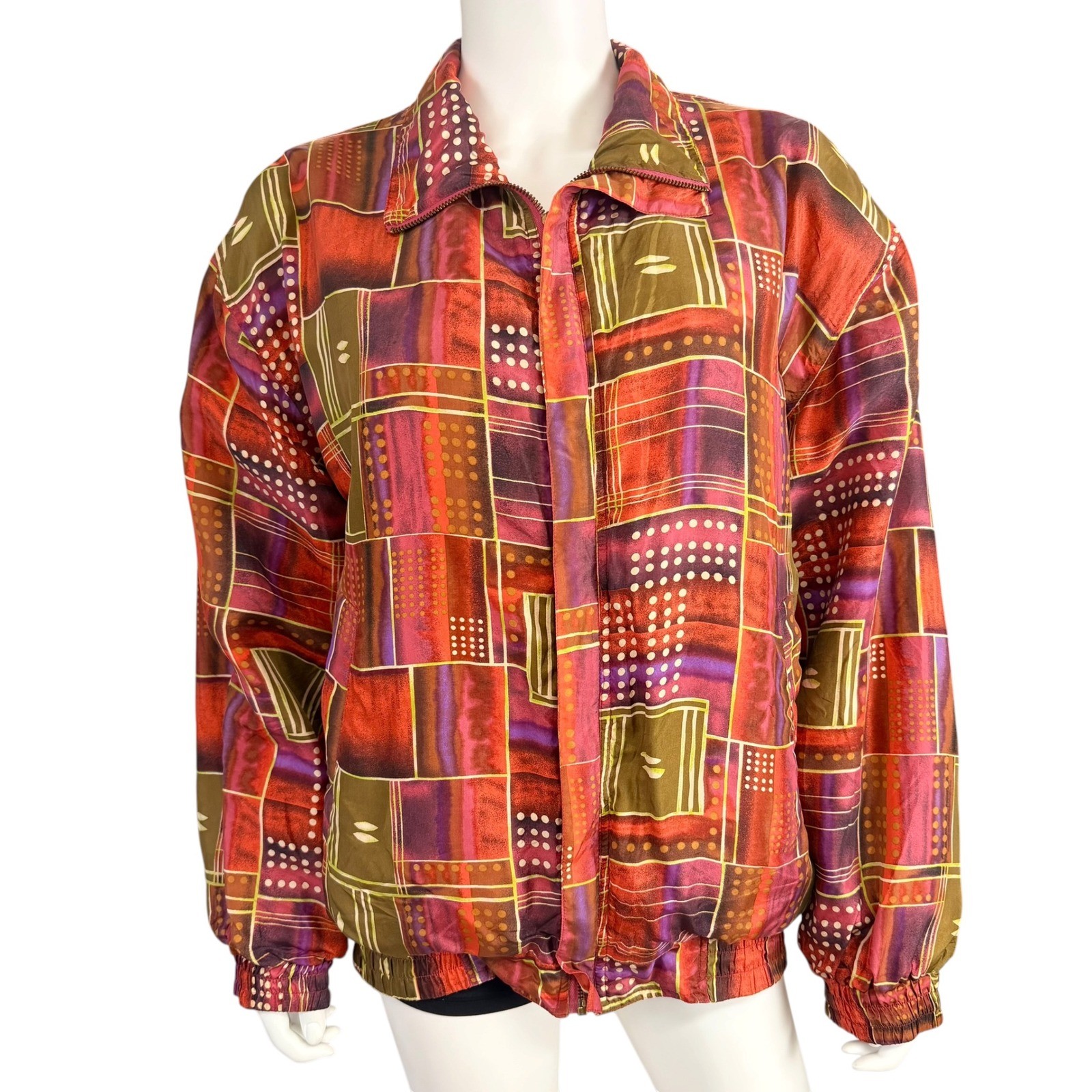 Fuda International Vintage 100% Silk Geometric Patchwork Bomber Jacket Large