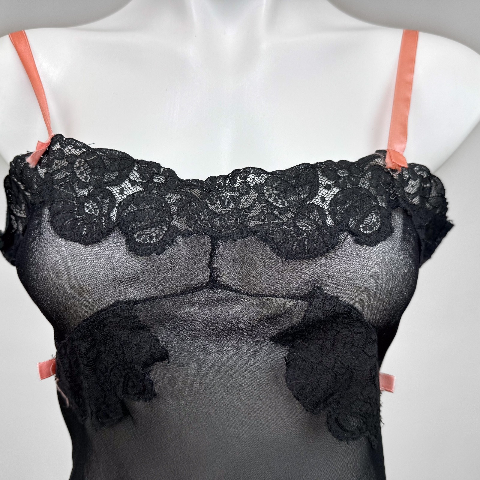 Vintage 1920s Black Silk Chiffon Bias lace Teddy Lingerie Art Deco Pink Ribbon