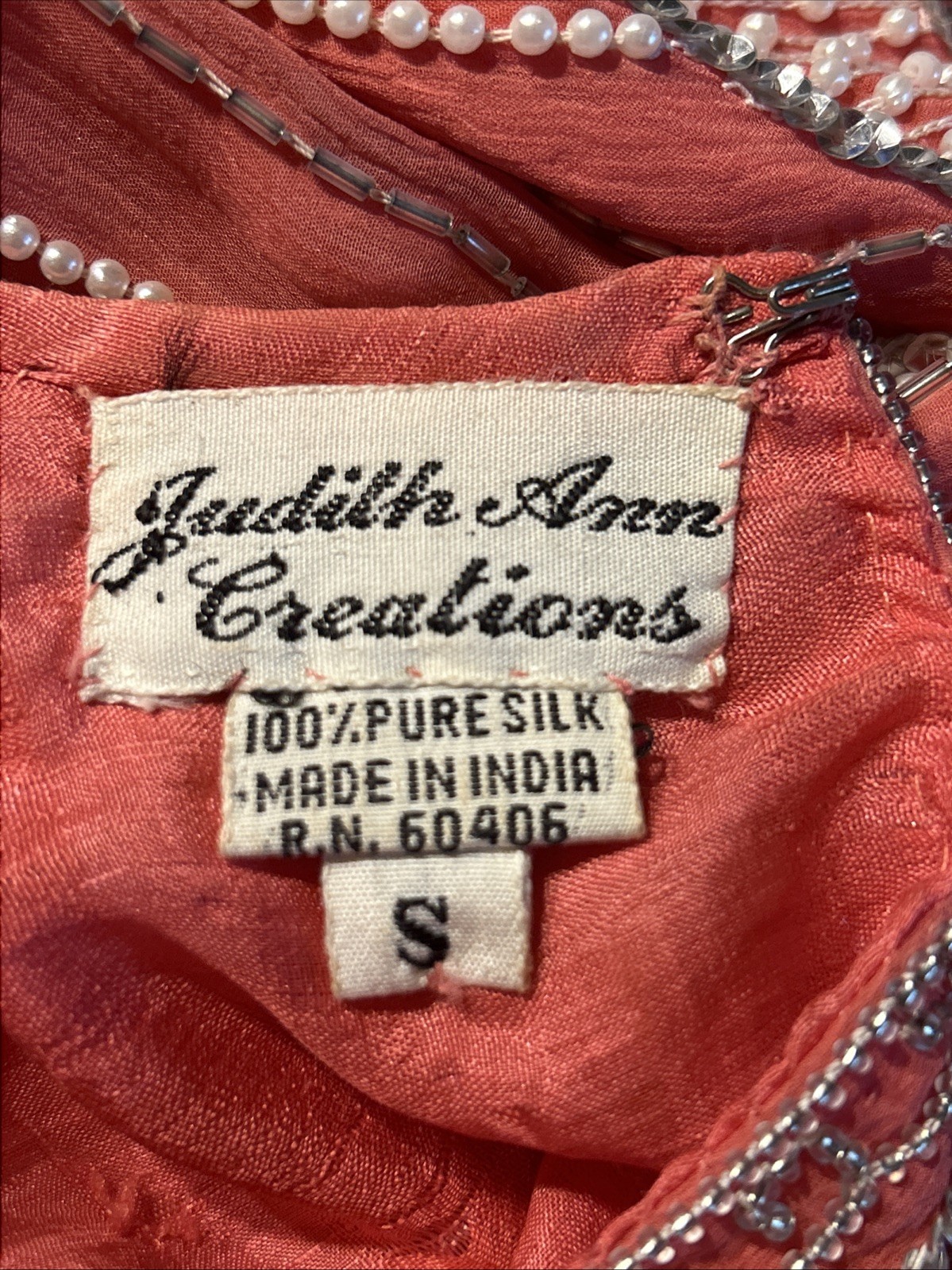 Judith Ann Creations Beaded SILK 2 Piece Women’s SM Coral Pink Lined Sequin READ