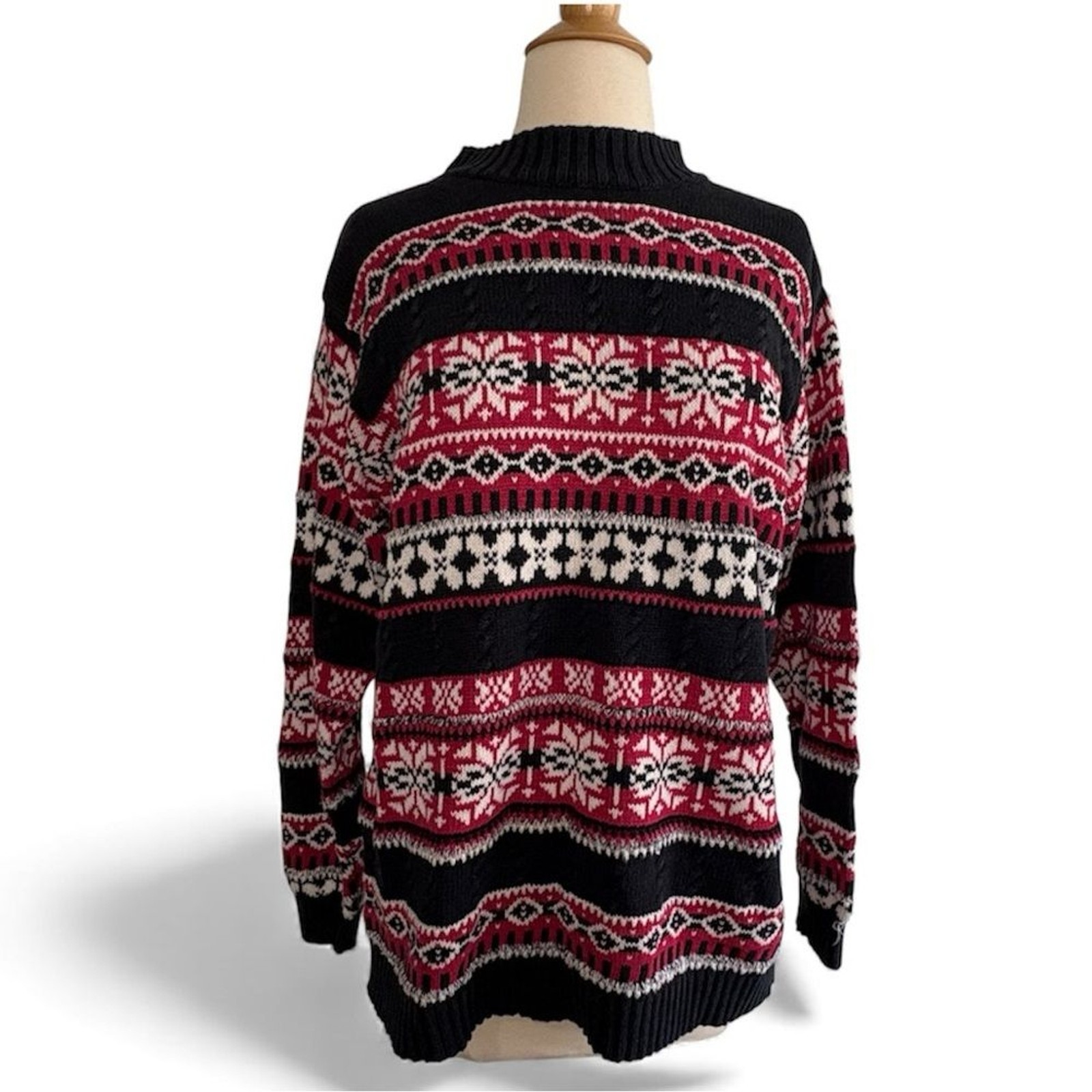Vintage Studio Works Mock Neck Holiday Winter Sweater medium Red Black White
